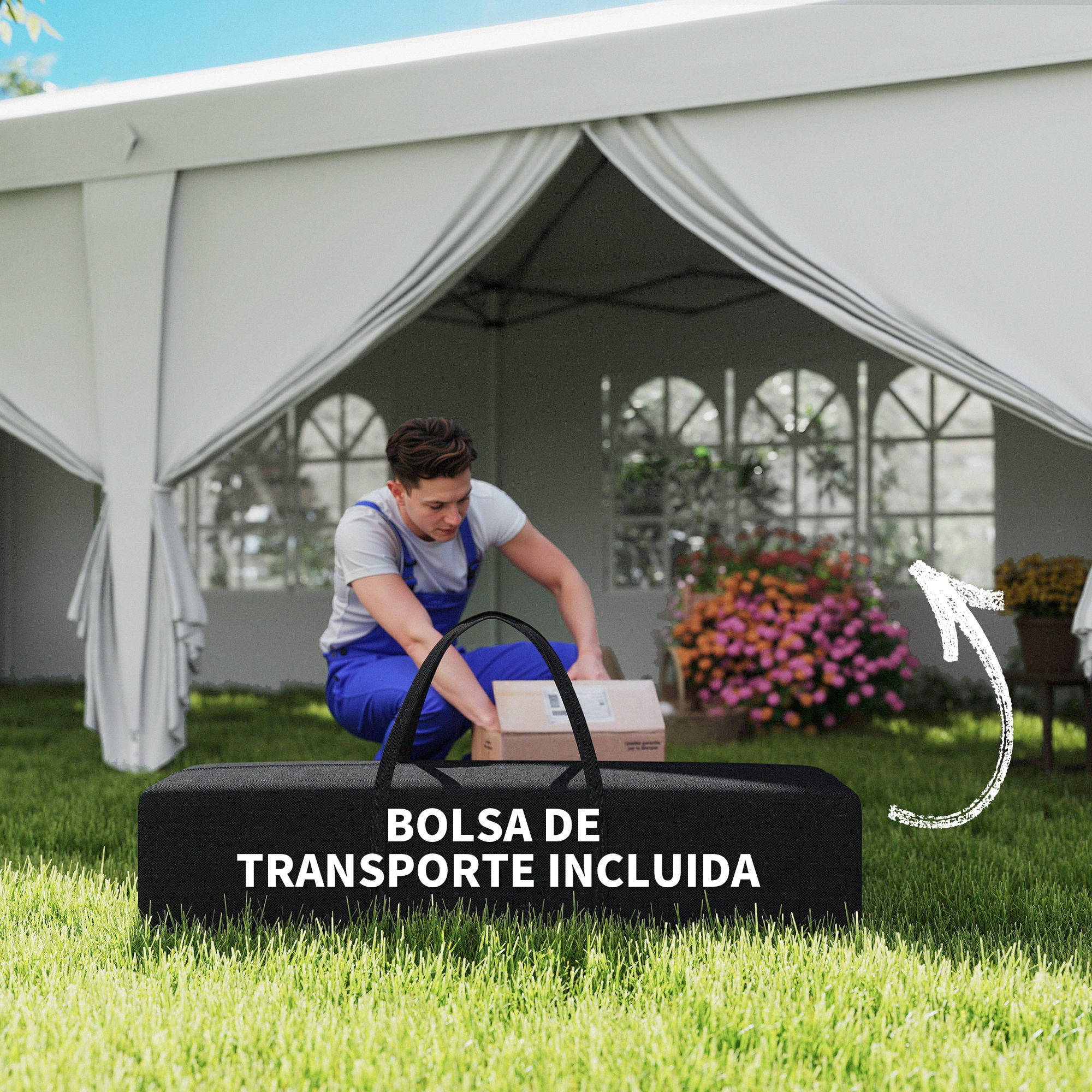 Un hombre con overol azul coloca una bolsa de transporte sobre el césped.