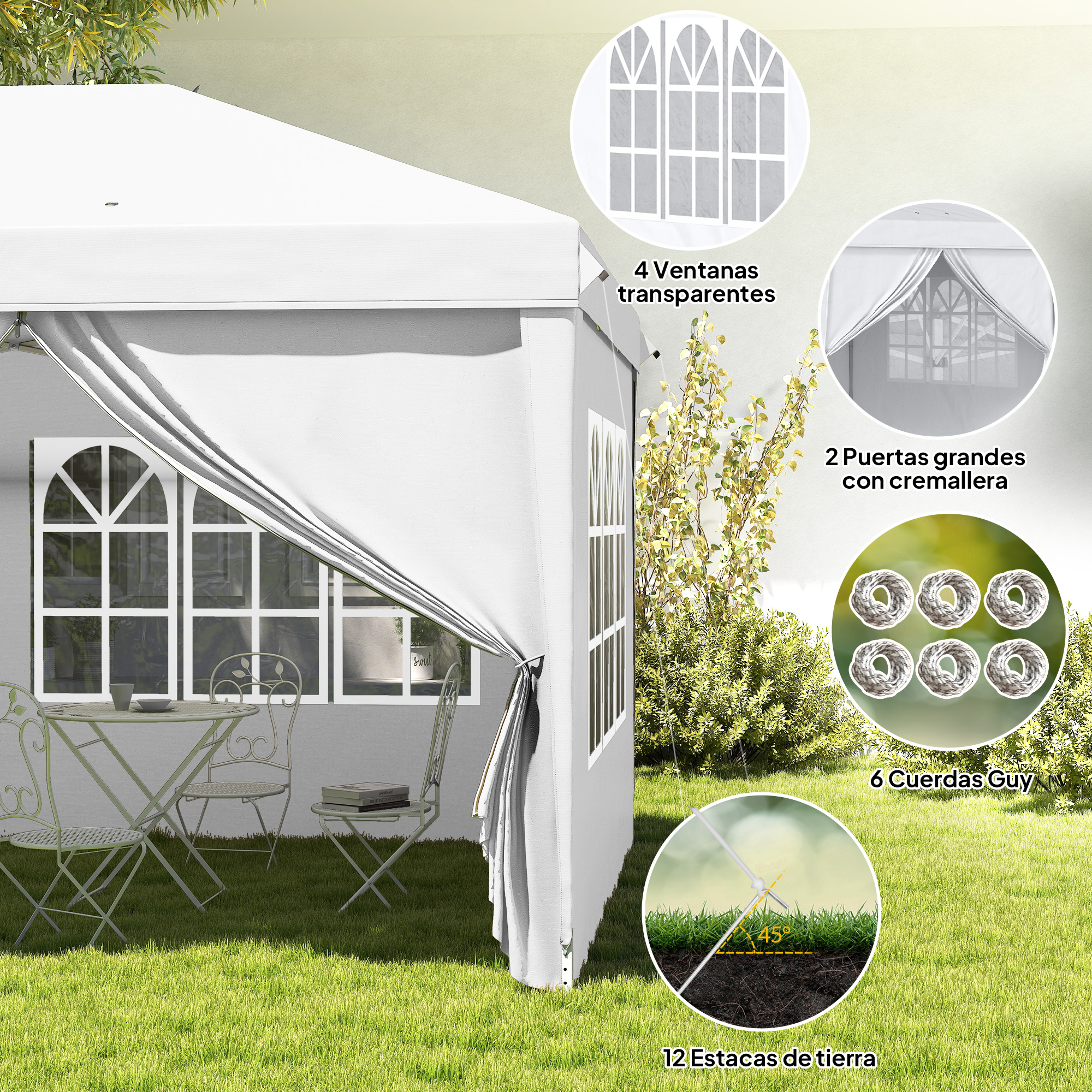 Una carpa blanca con ventanas y puertas, mesa de jardín y sillas en el césped.