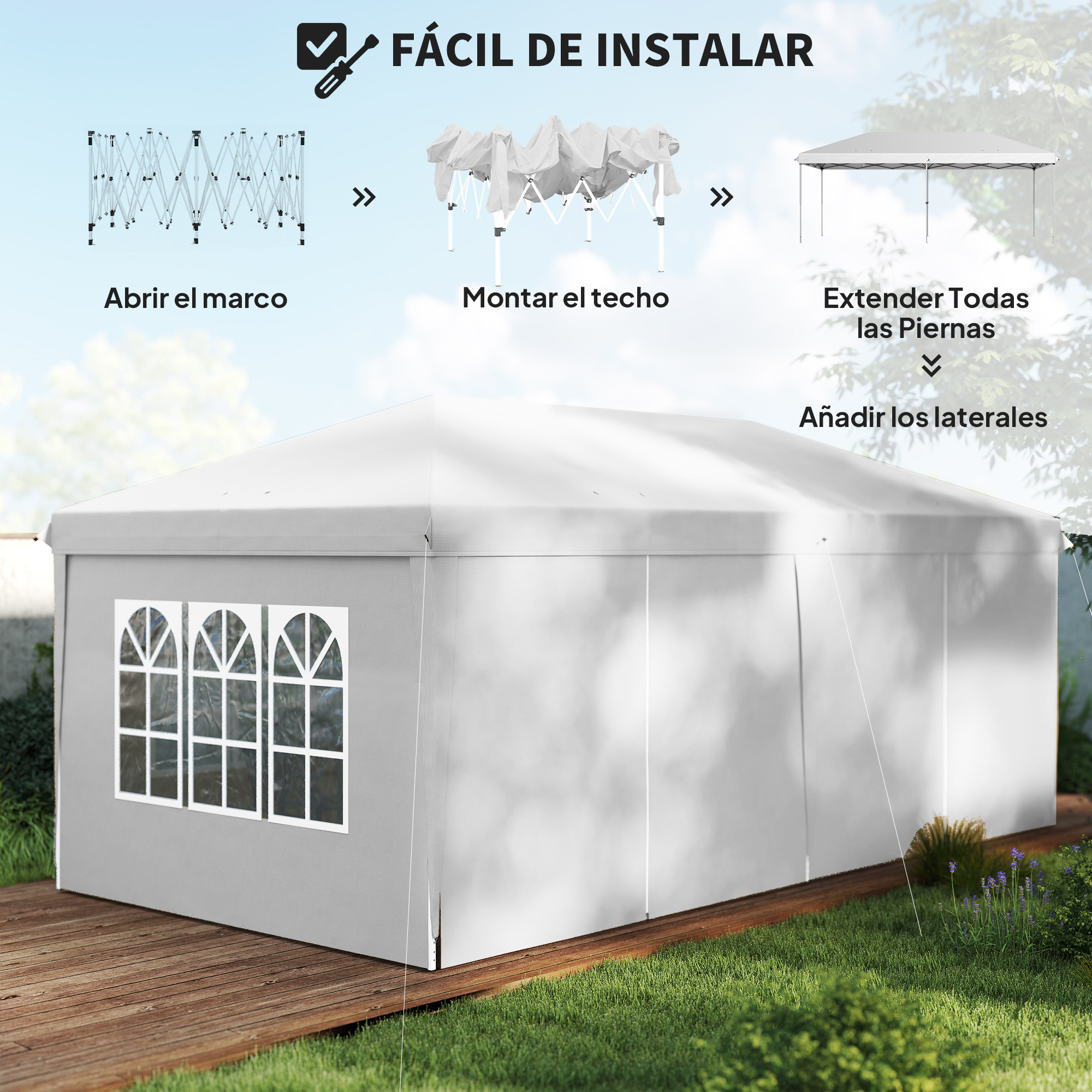 Montaje de una carpa blanca con ventanas, sobre tarima de madera, con pasos.