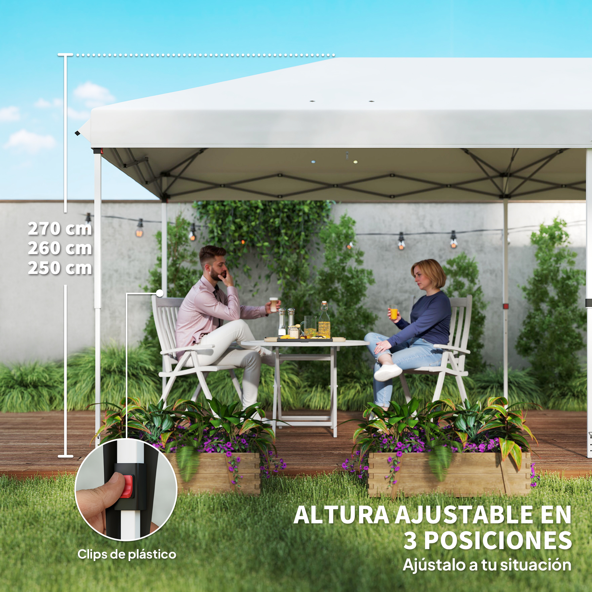 Una pareja sentada bajo un toldo blanco en un patio. Indicadores de altura.