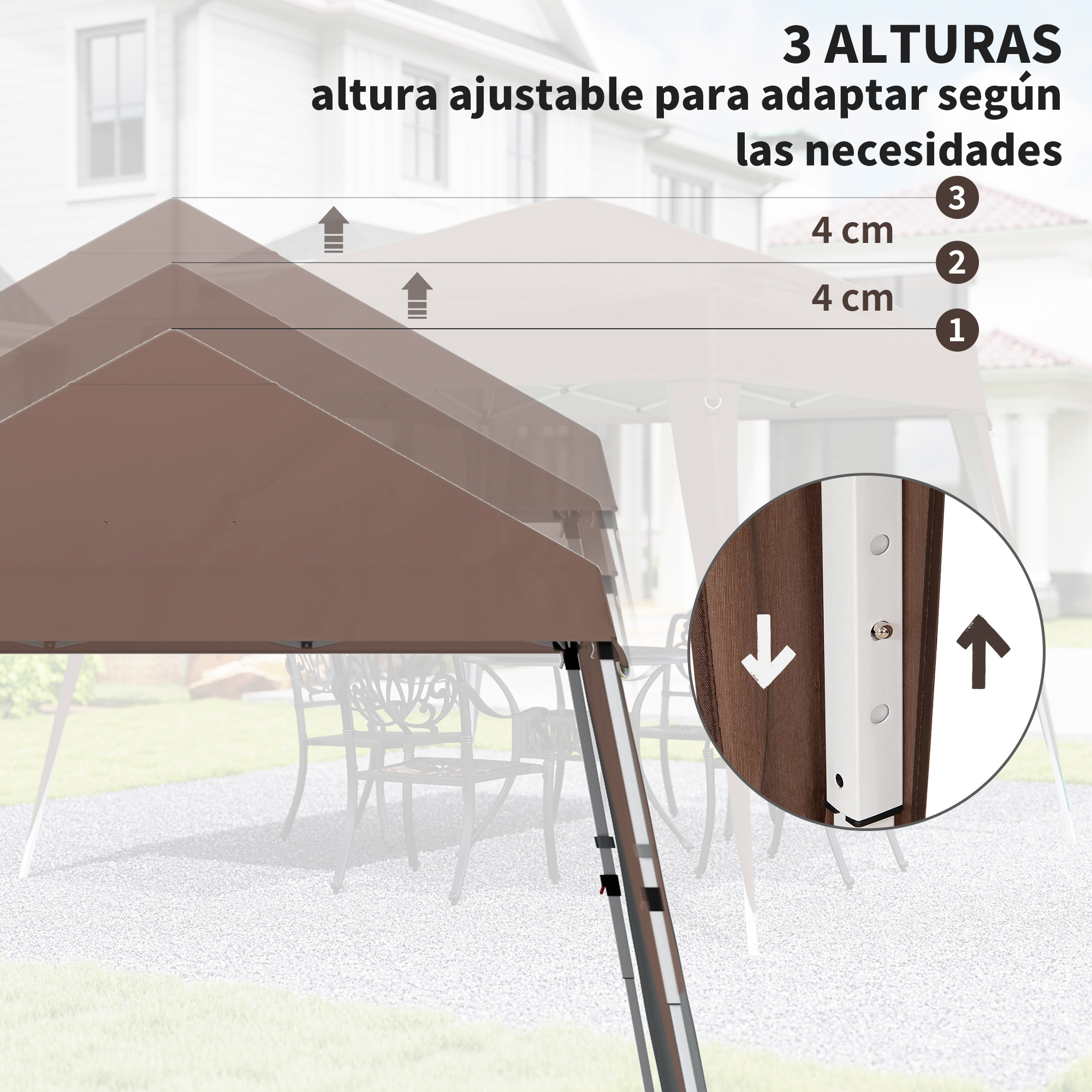 Una carpa marrón con tres ajustes de altura: 4 cm, 4 cm.