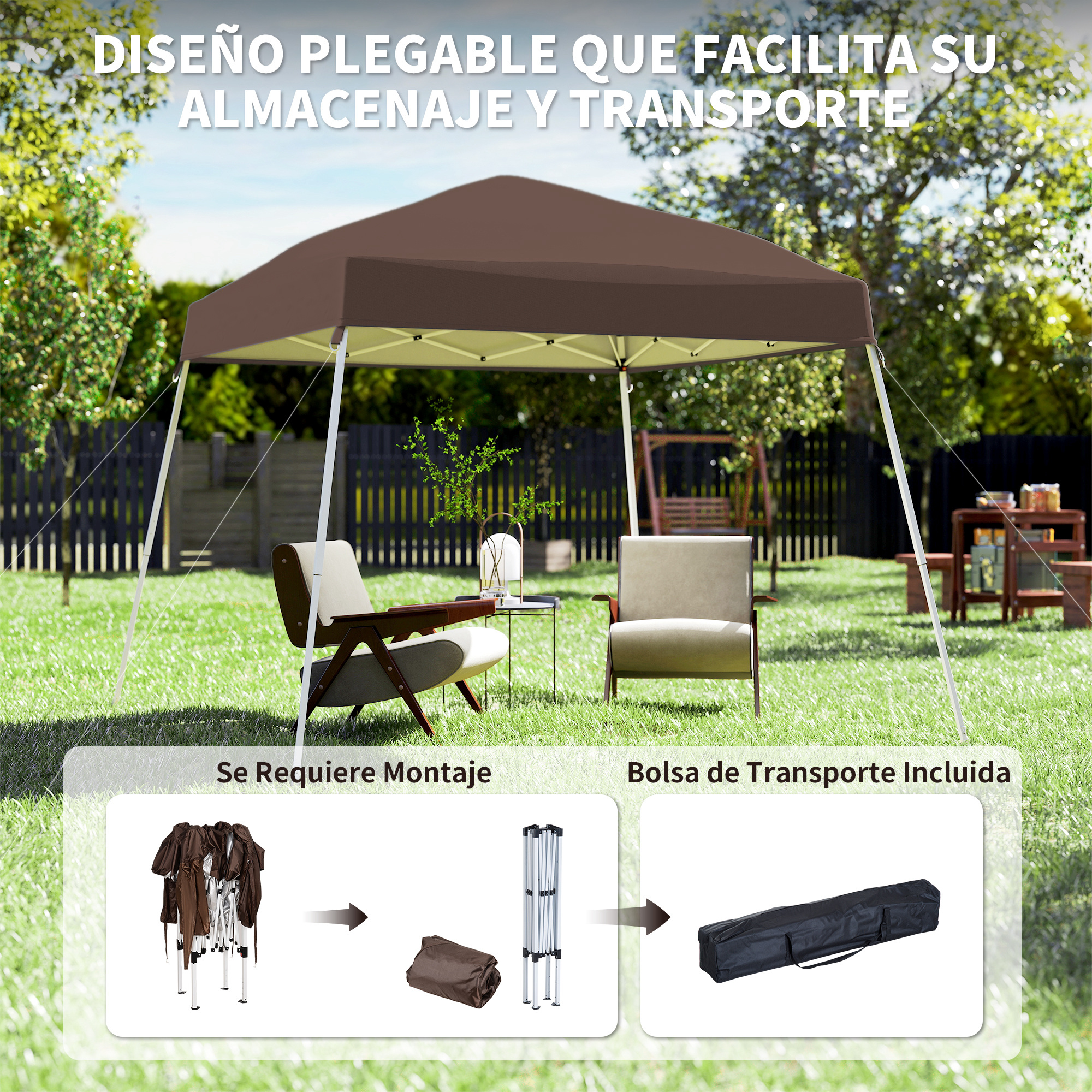 Carpa marrón en jardín con sillas y mesa. Muestra mecanismo de plegado.