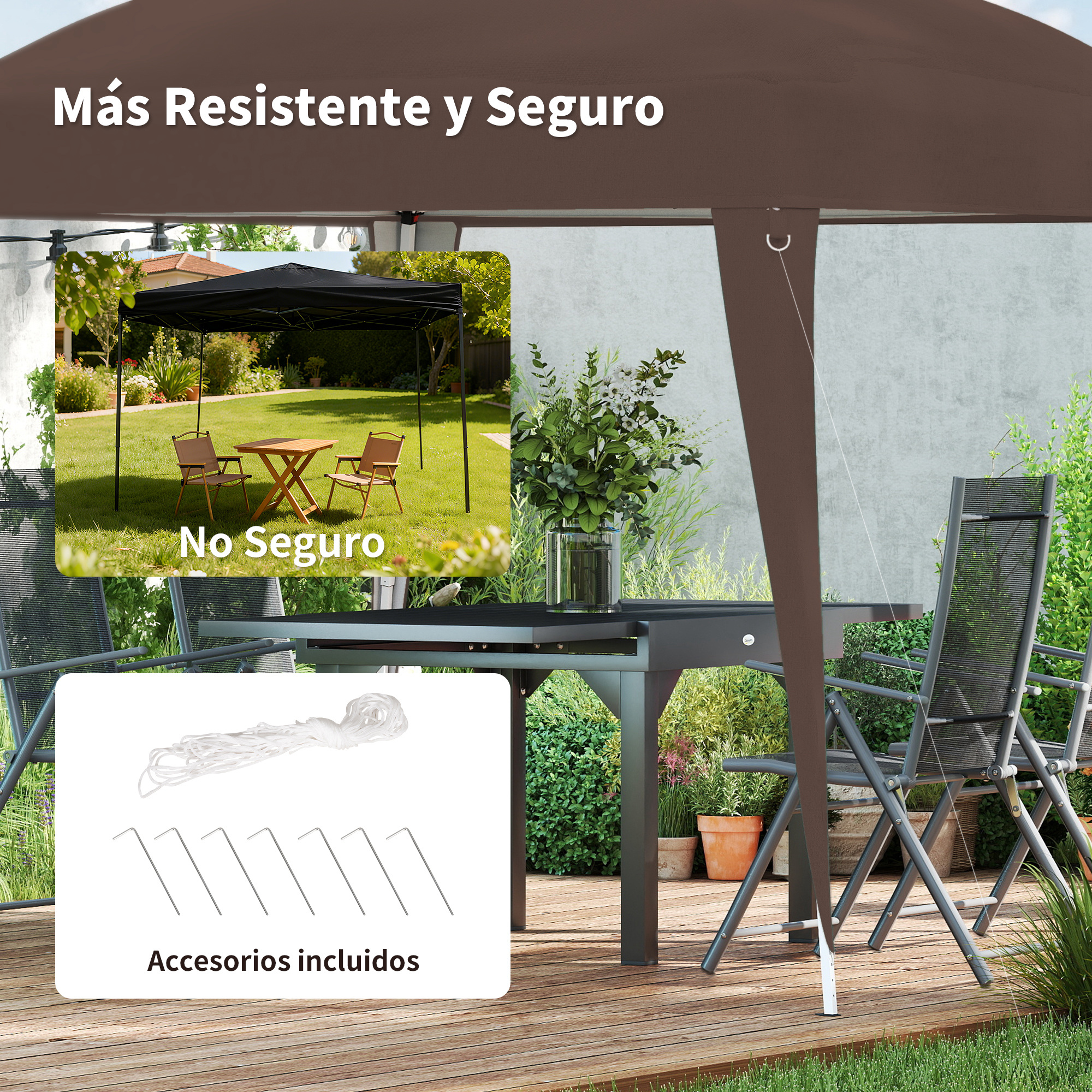Un cenador de jardín con mesa y sillas, accesorios en un campo blanco.
