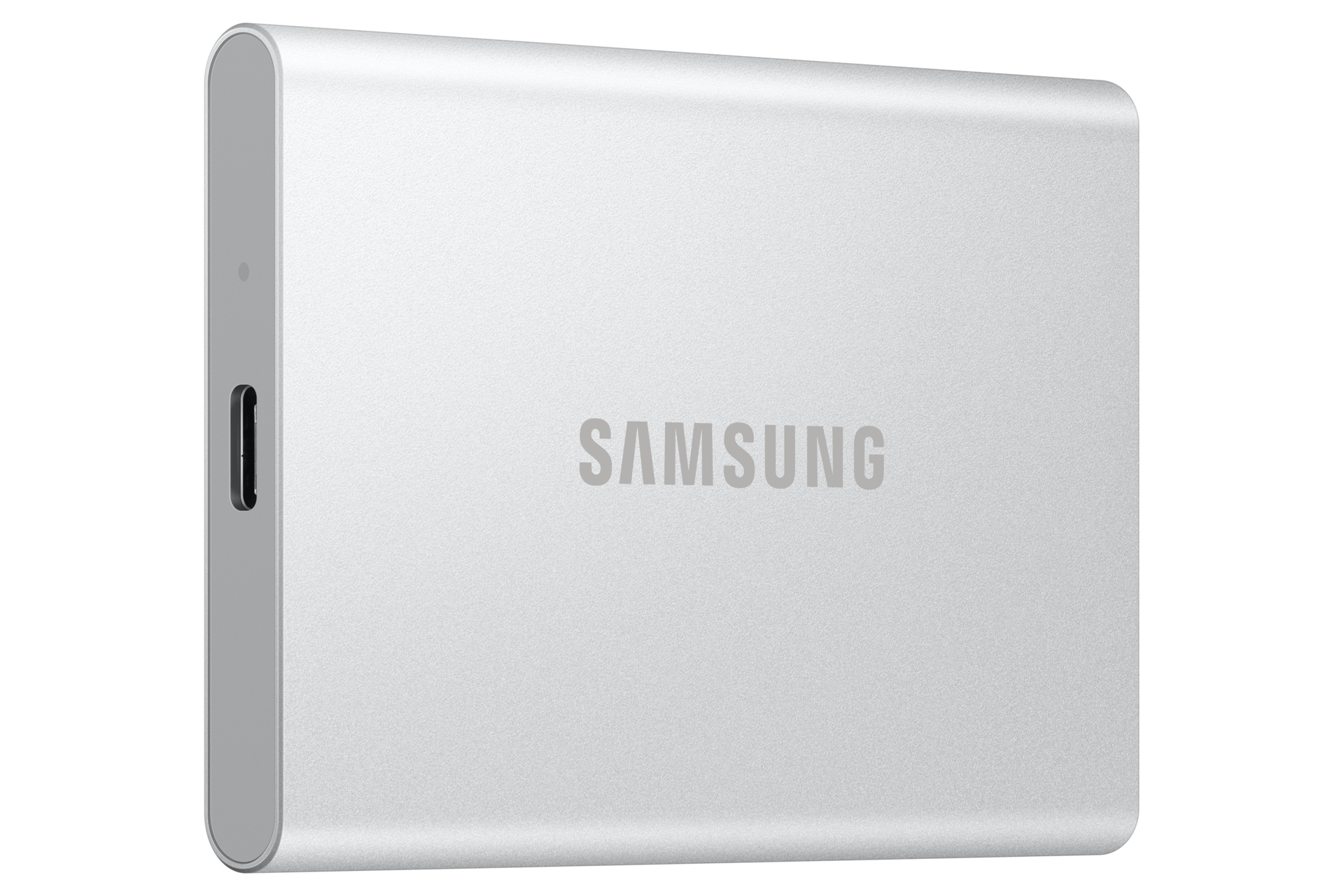 Silberne Samsung externe SSD mit USB-C-Anschluss.
