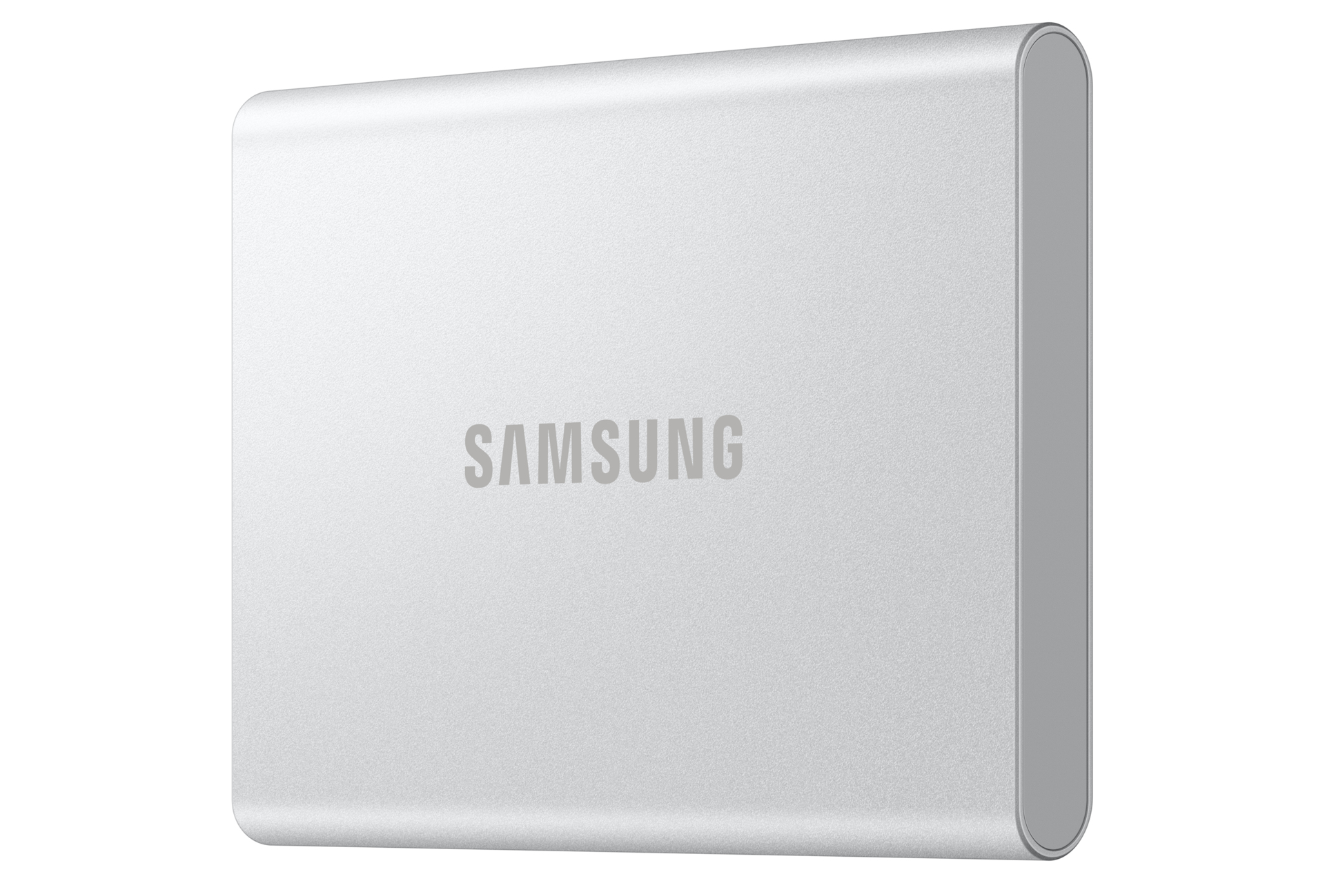 Silbernes Samsung SSD-Gehäuse mit abgerundeten Kanten.