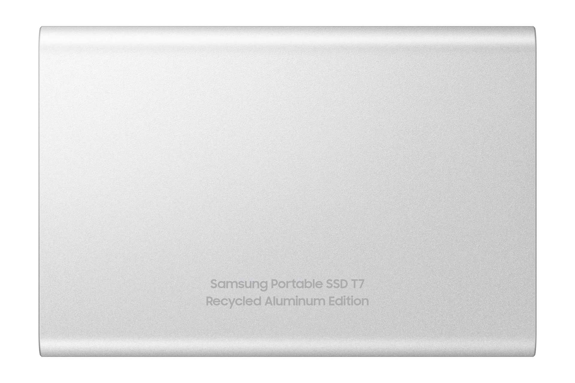 Silbernes Samsung Portable SSD T7 Gehäuse mit Text.