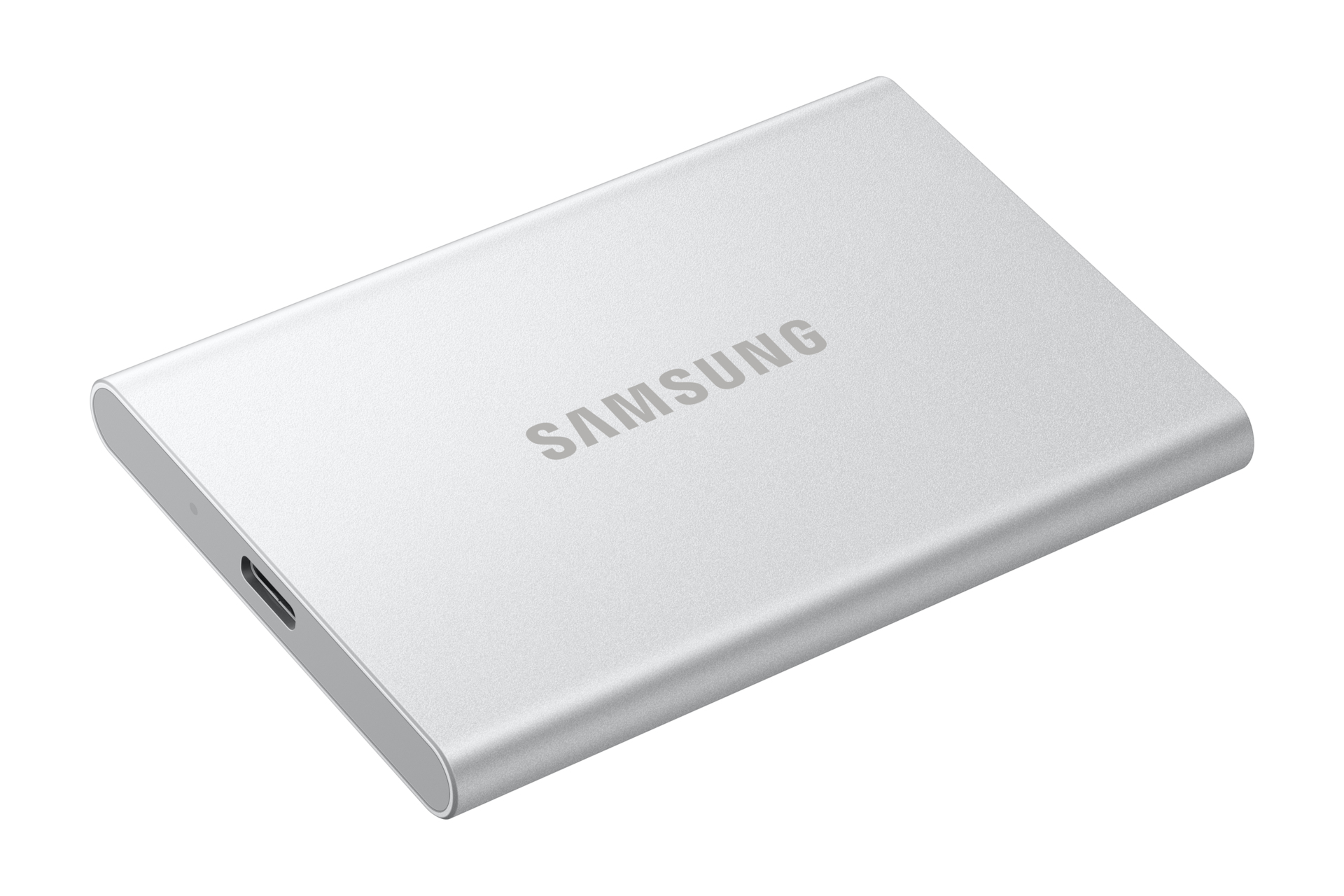 Silbernes Samsung externes Laufwerk mit USB-C-Anschluss.