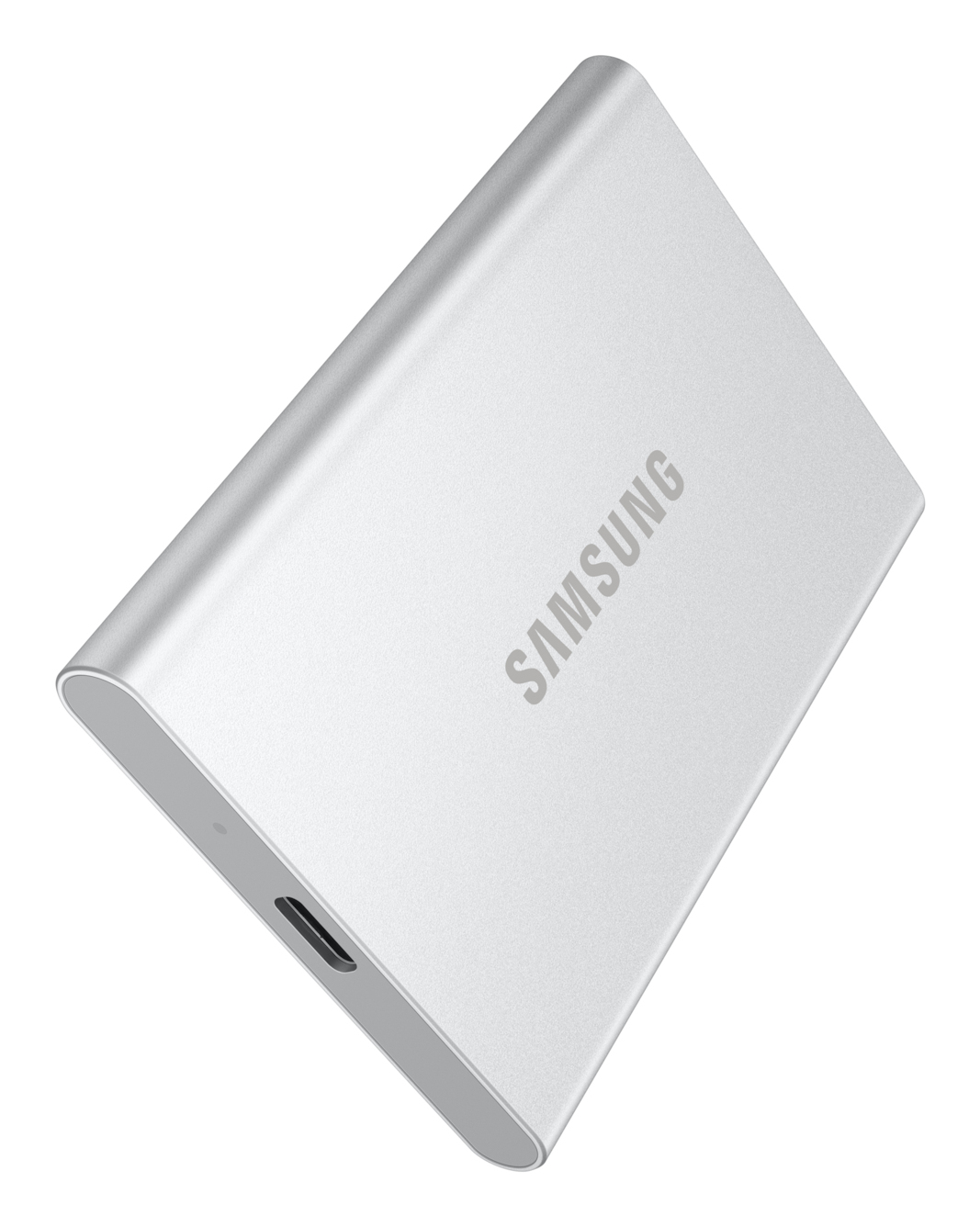 Silbernes Samsung externes SSD-Laufwerk mit USB-C-Anschluss.