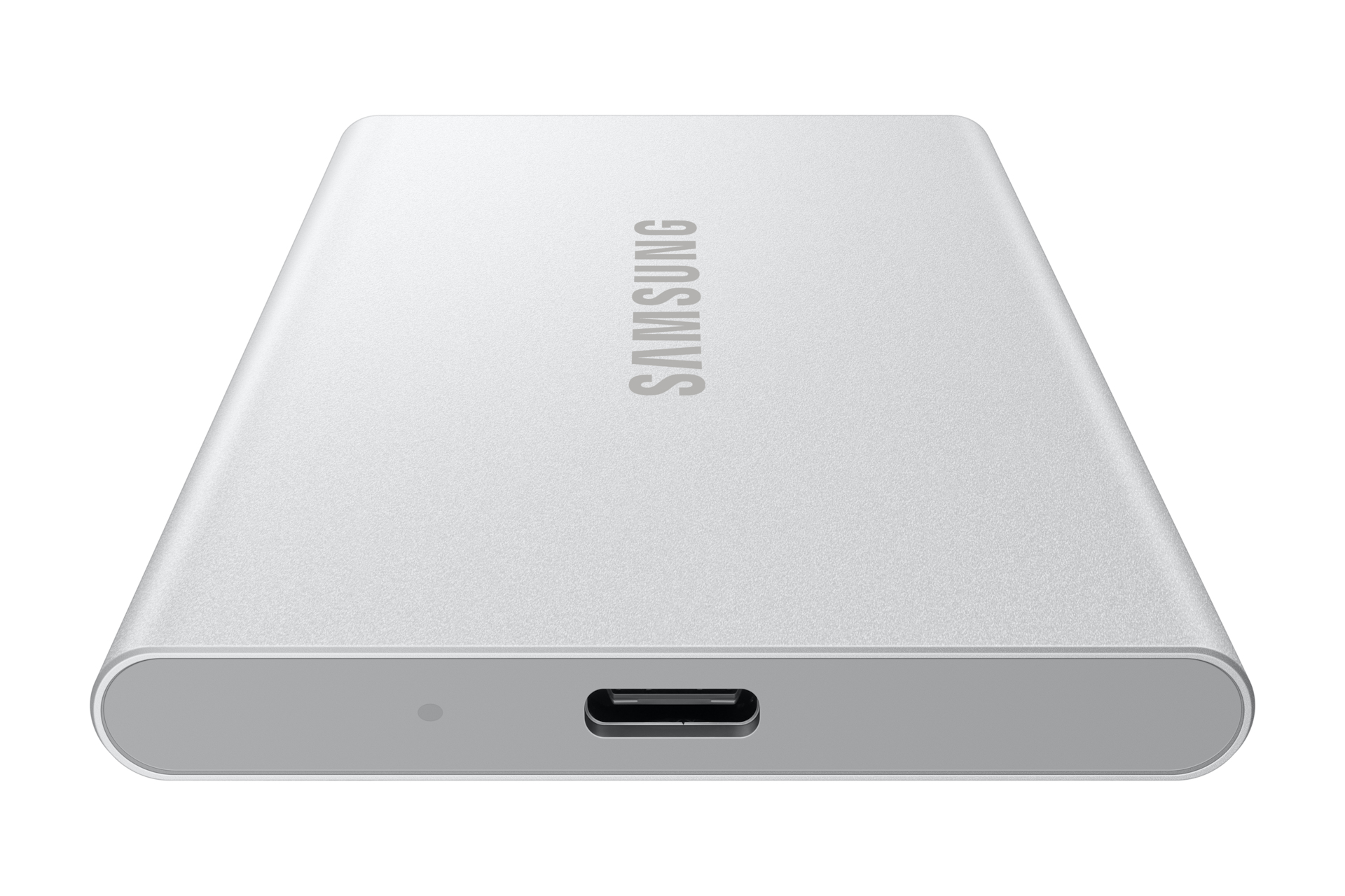 Silberne Samsung externe SSD mit USB-C-Anschluss.