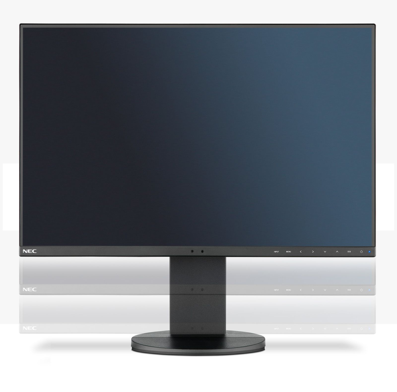 Ein schwarzer NEC Monitor mit einem dunklen Bildschirm steht auf einem Standfuß.