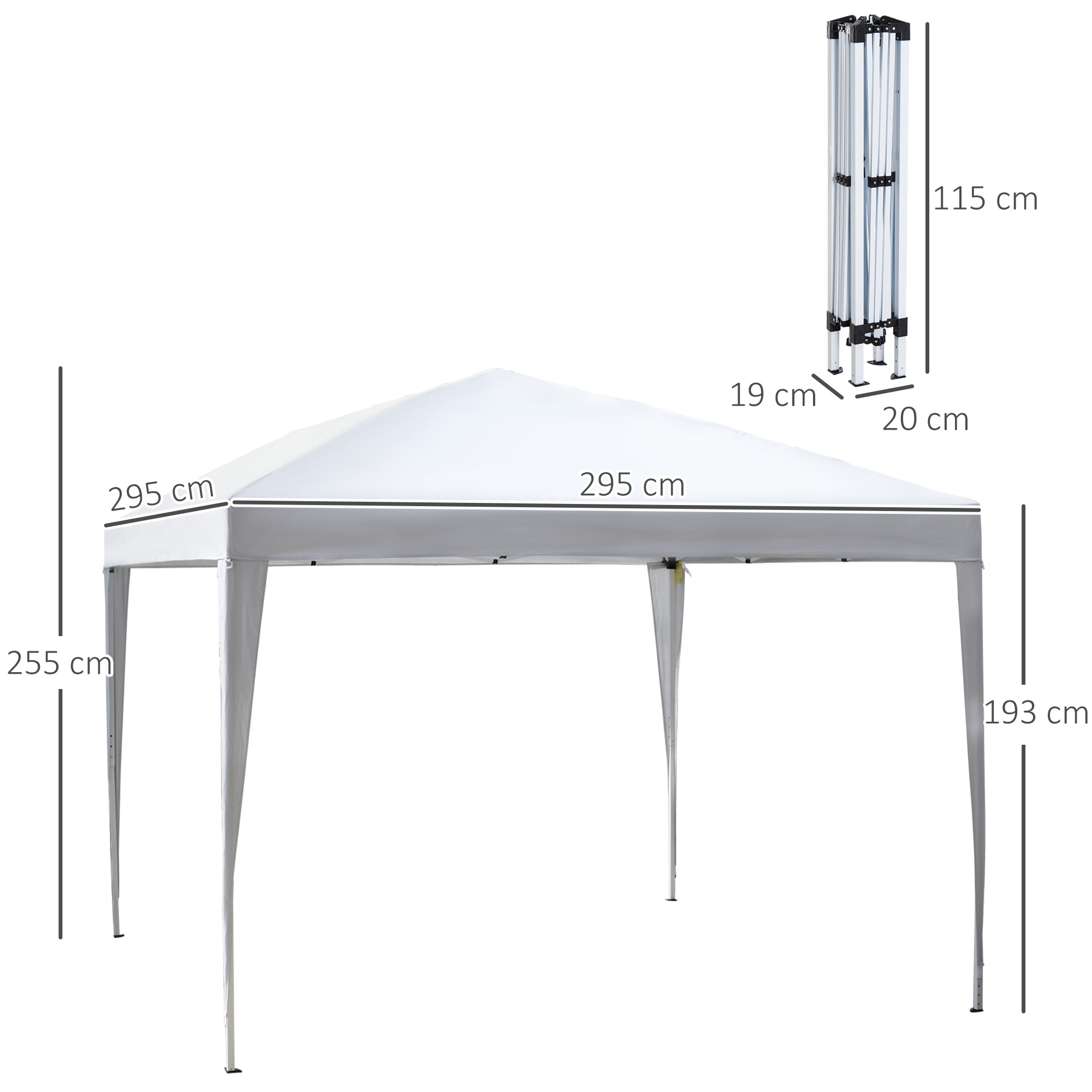 Una carpa blanca plegable con dimensiones y estructura plegada.