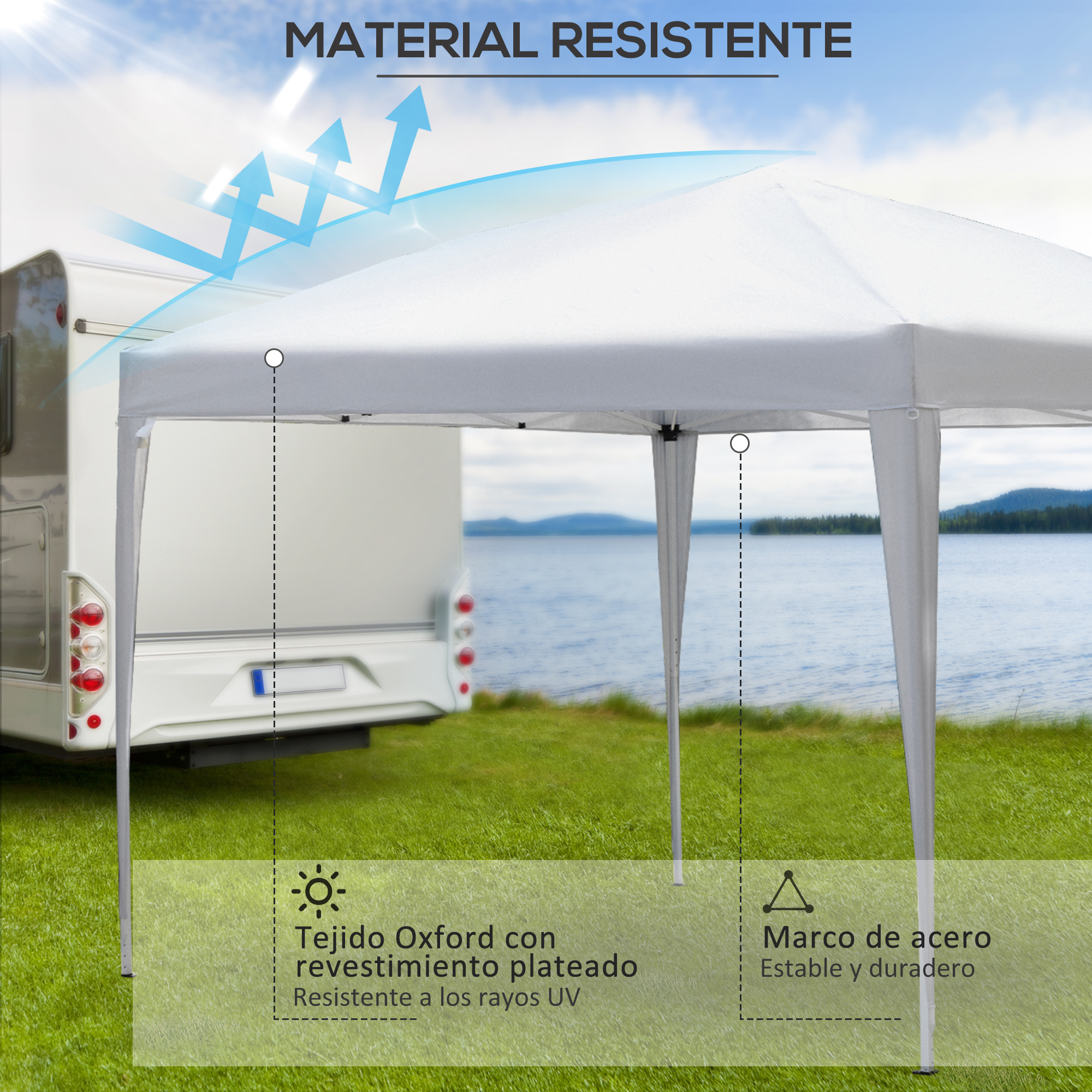 Una carpa blanca junto a una caravana junto a un lago. Material resistente a UV.