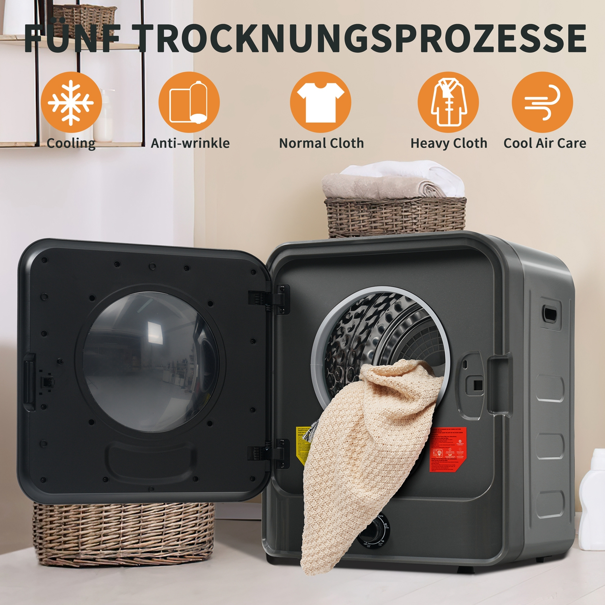 Ein Trockner mit offener Tür zeigt eine beige Strickjacke im Inneren. Symbole für Trockenprogramme.