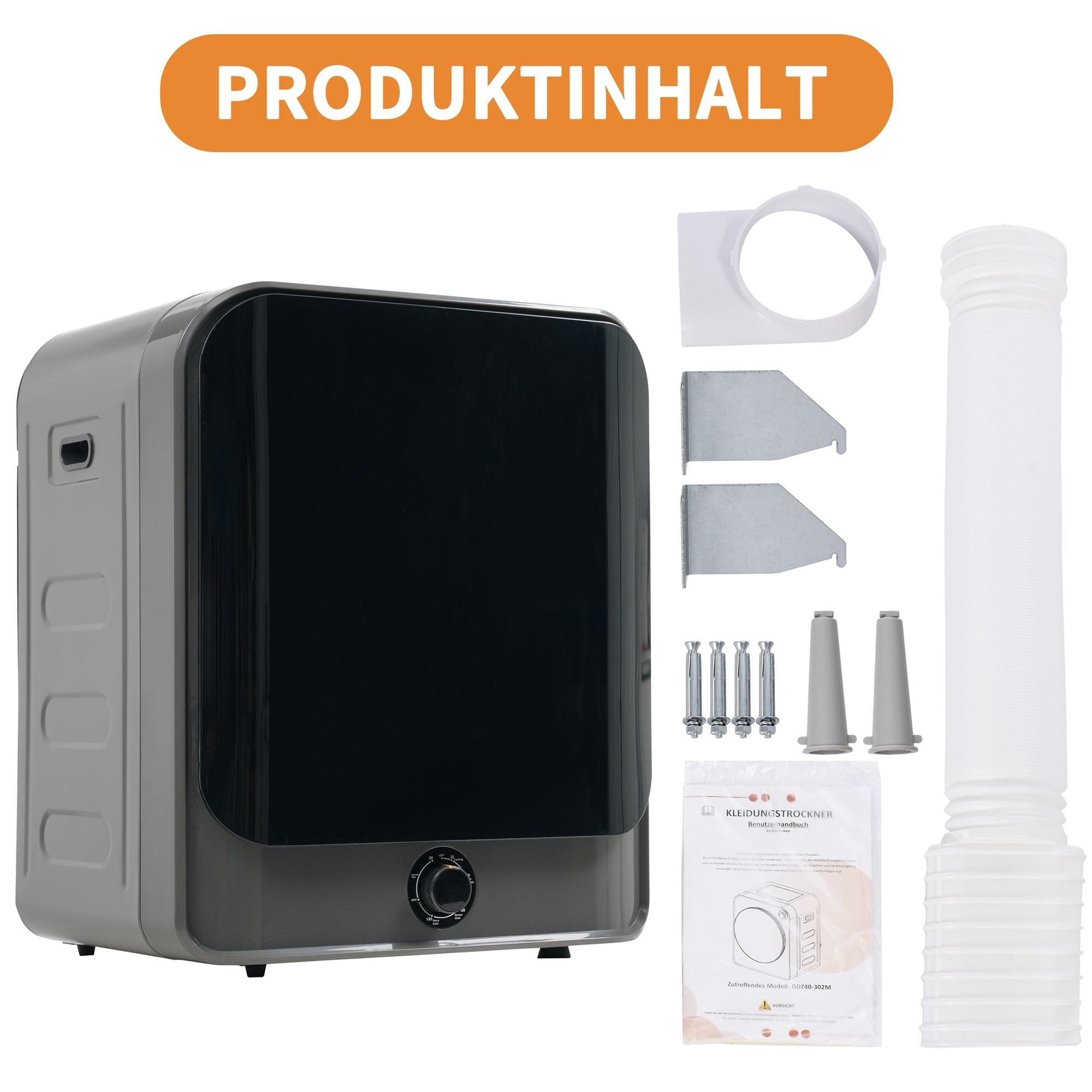 Ein grauer Wäschetrockner mit schwarzer Tür und Zubehör wie Schläuchen und Schrauben.
