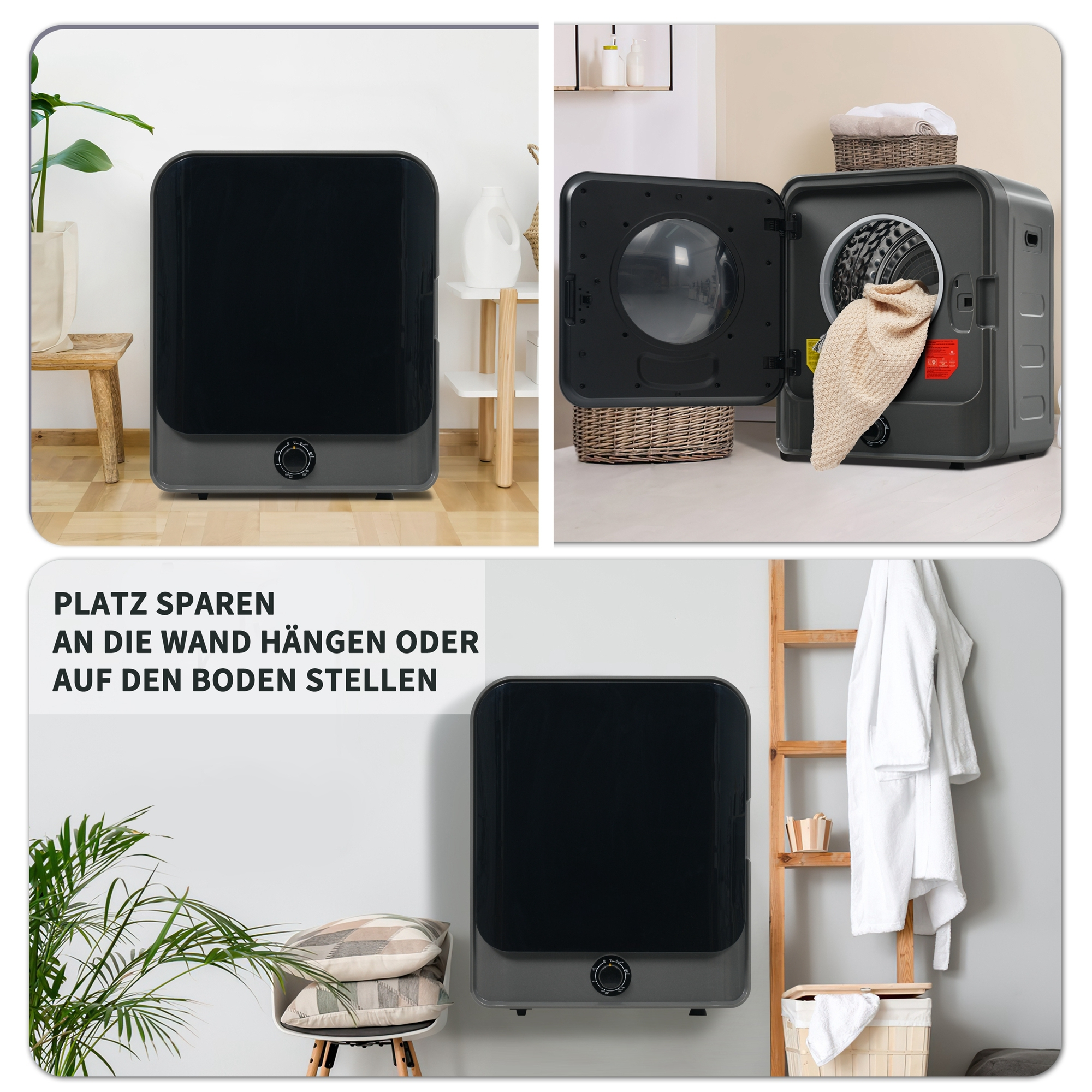 Ein kompakter Trockner, der an der Wand hängt oder auf dem Boden steht.
