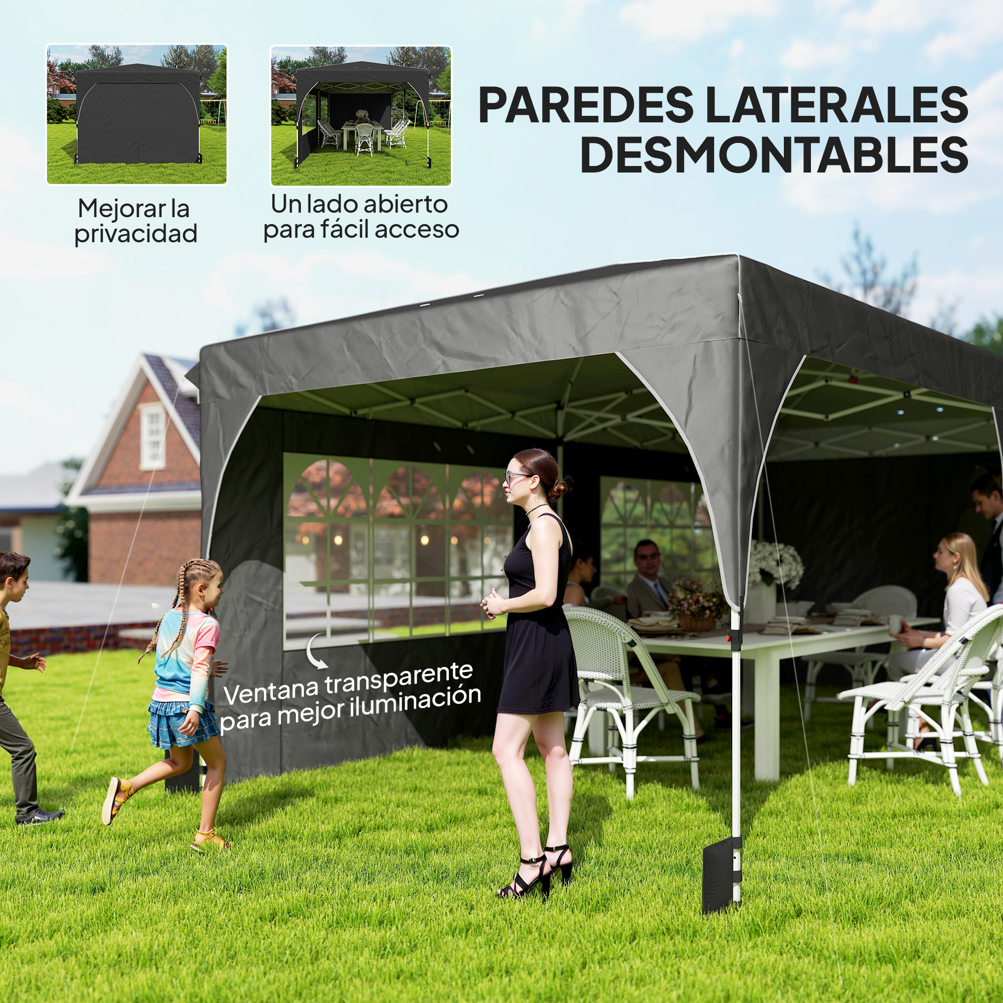 Una carpa negra con ventanas y gente en un jardín.