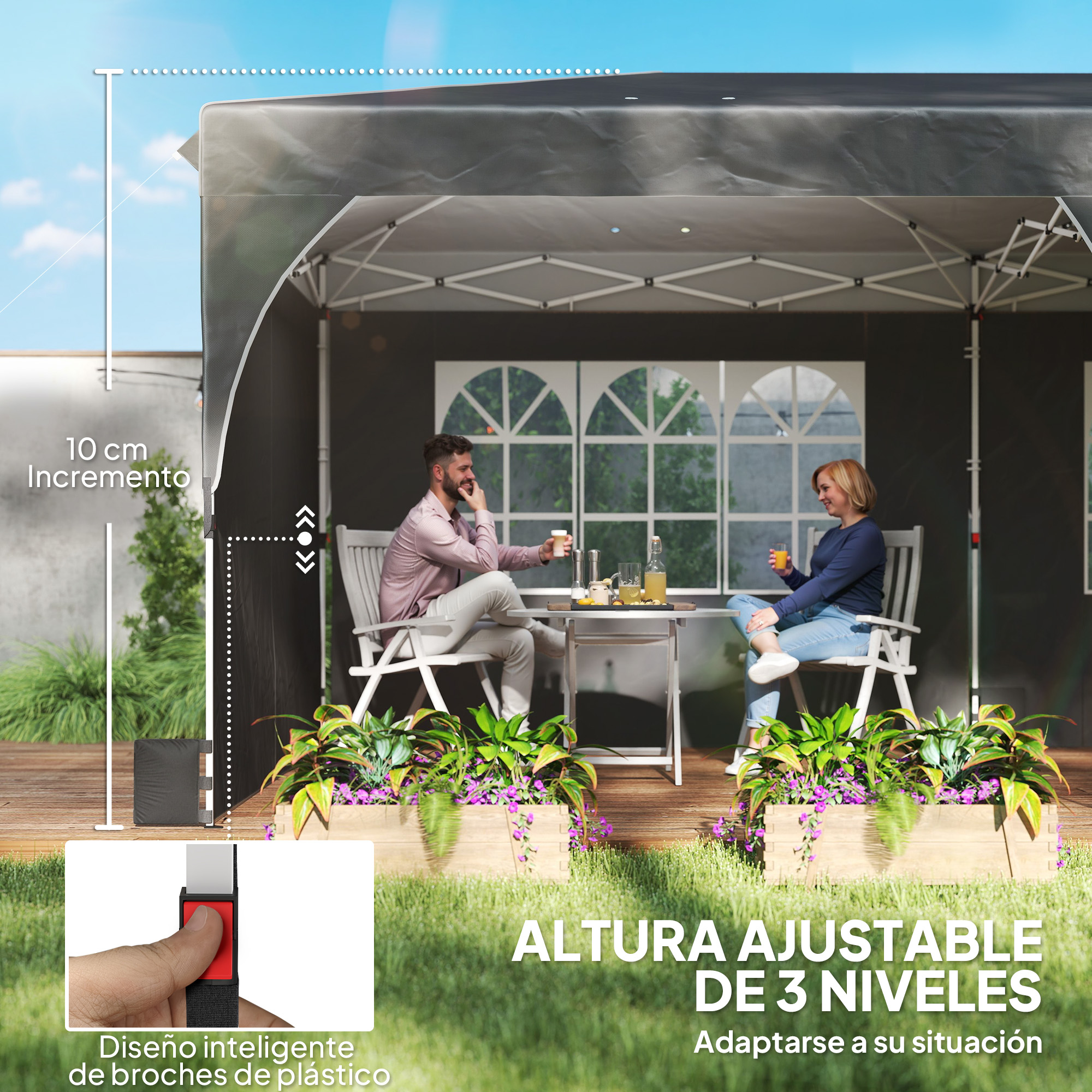 Un hombre y una mujer sentados a una mesa bajo un toldo. Hay plantas en primer plano.