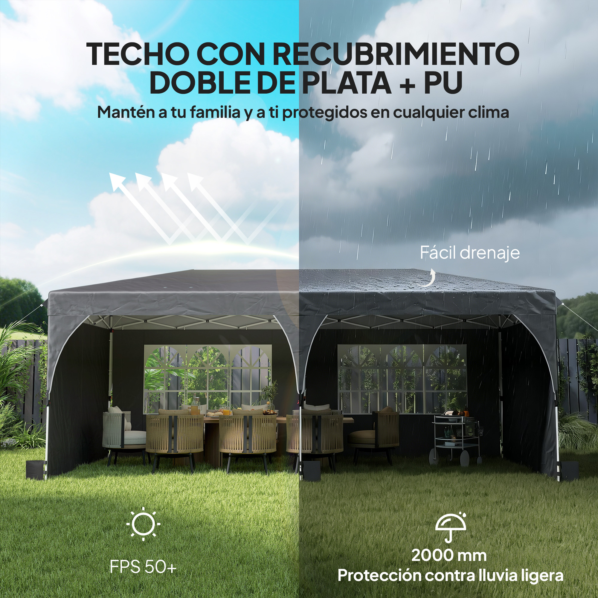 Un gazebo con protección solar y de lluvia. Muebles visibles en el interior.