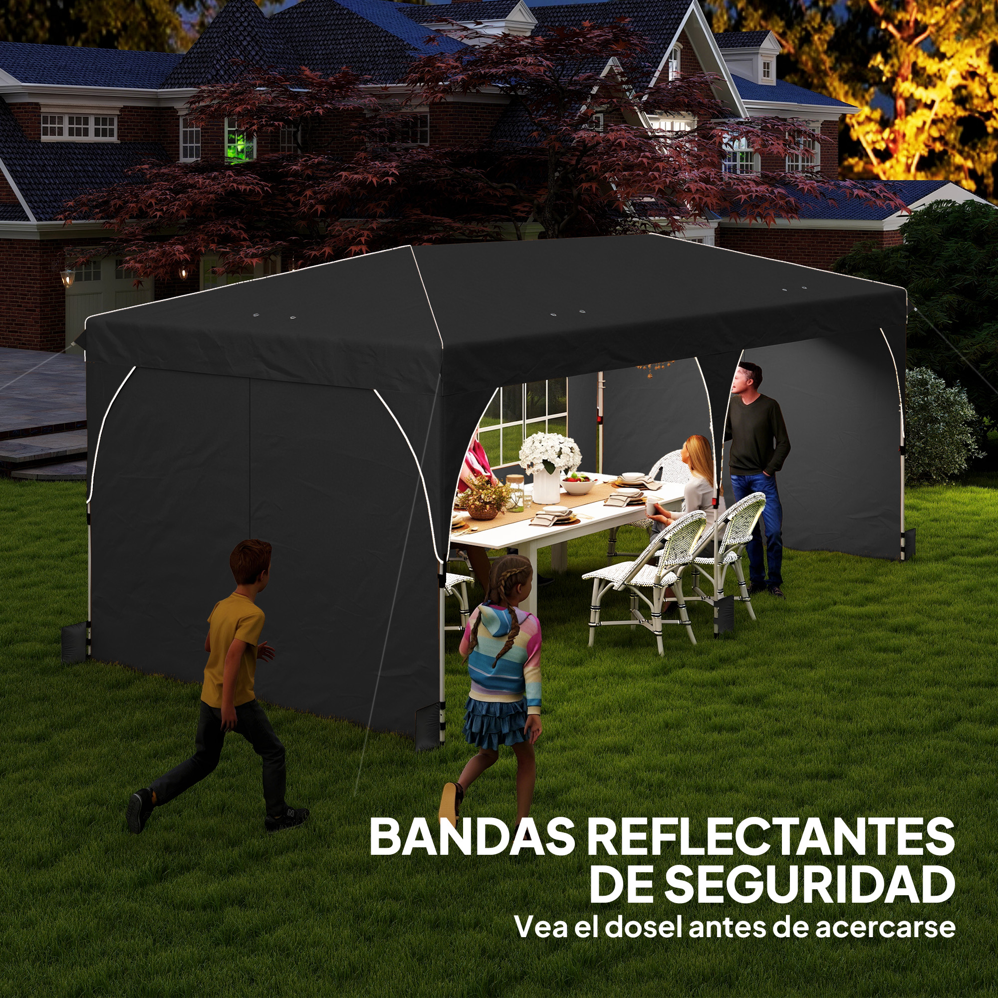 Niños corren en césped hacia un toldo negro donde una familia está sentada.