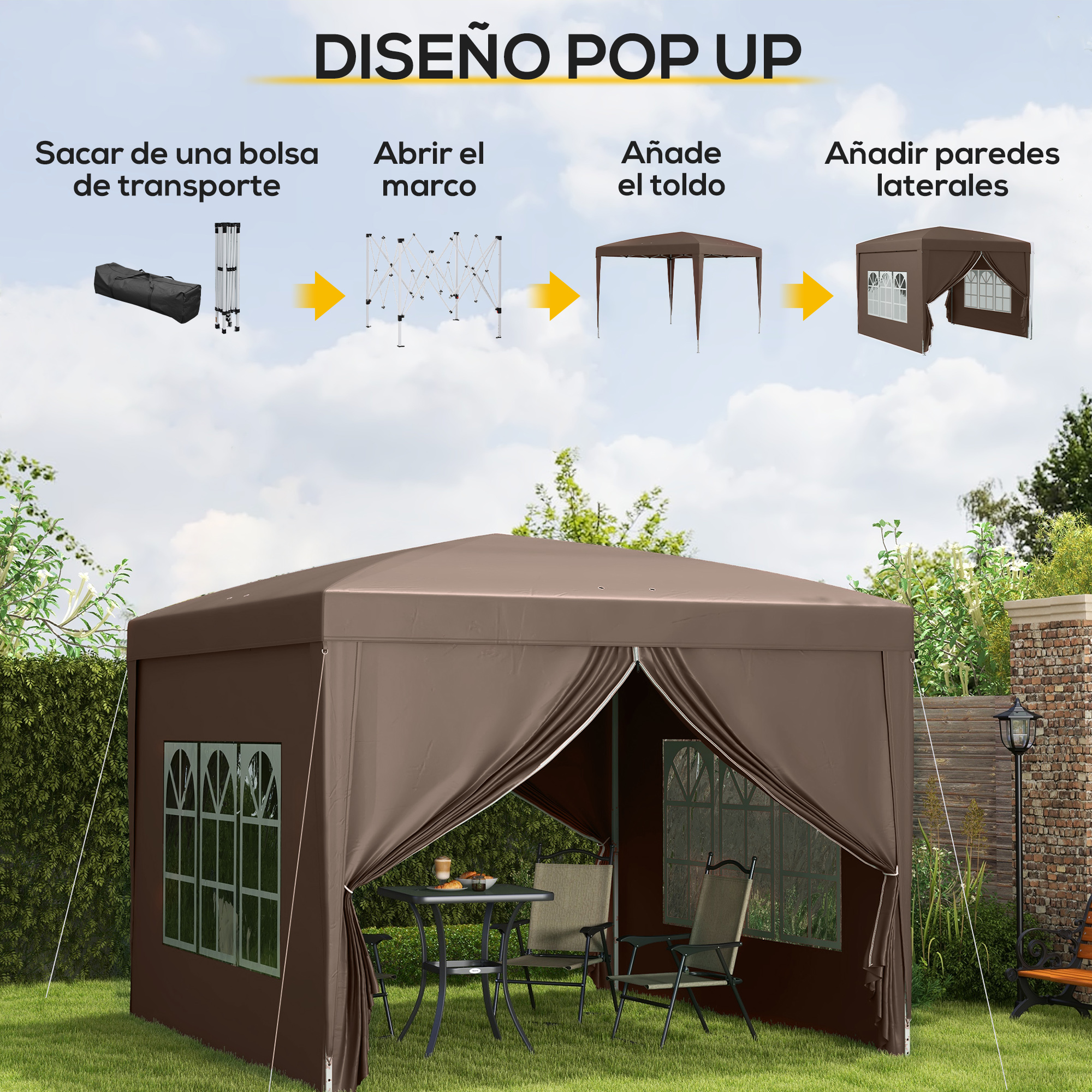 Una carpa plegable marrón con ventanas en el jardín con mesa y sillas.