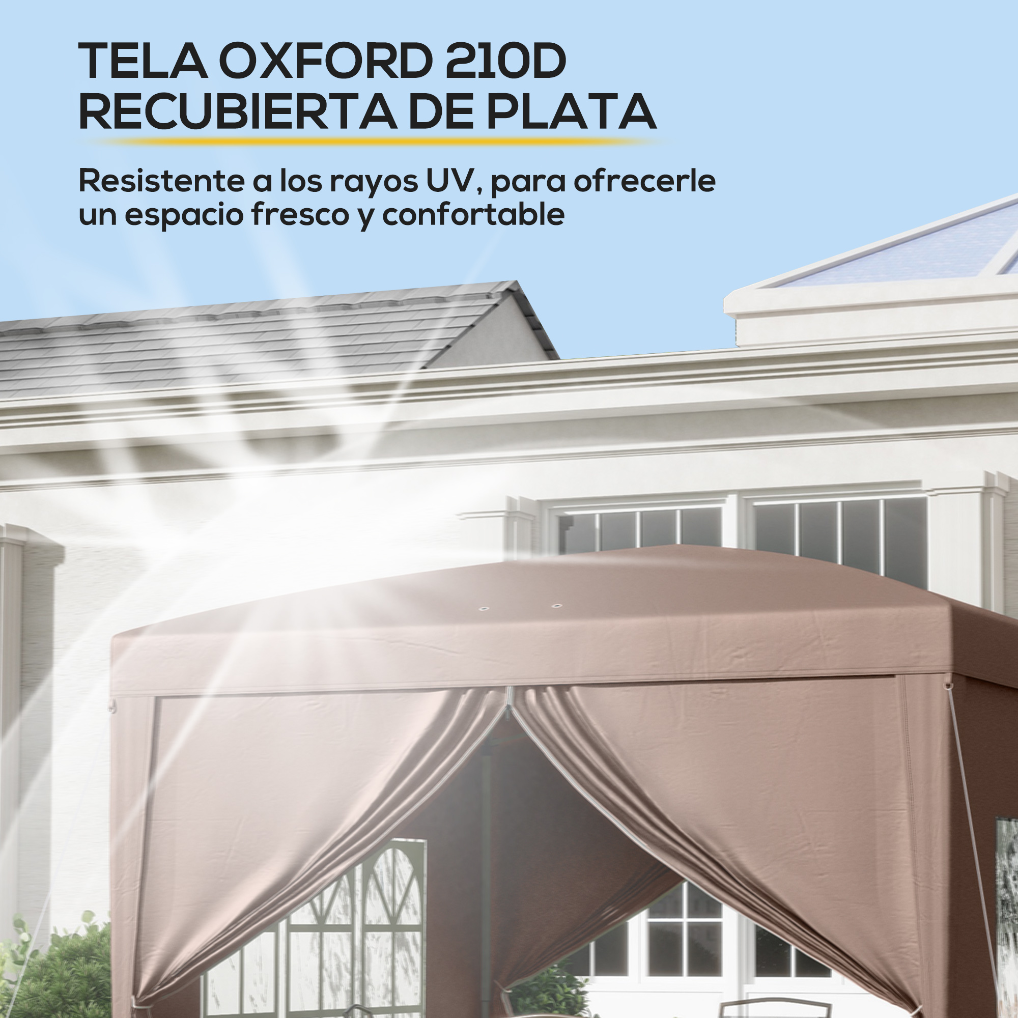 Una carpa marrón con ventanas blancas y techo gris.