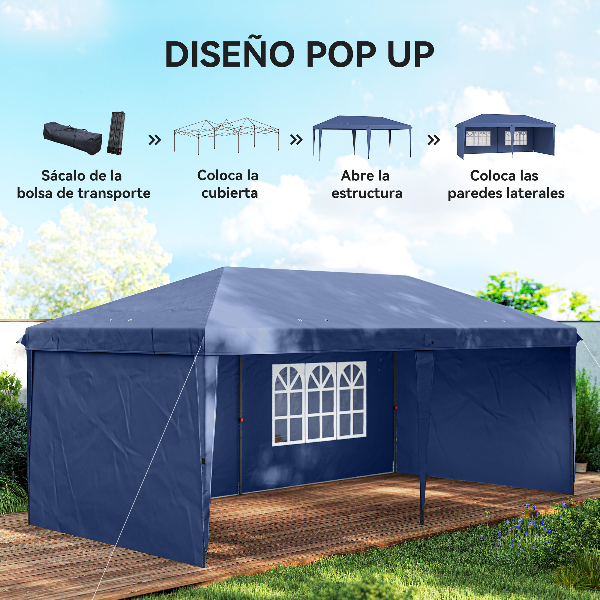Una carpa plegable azul con ventanas sobre un deck de madera.