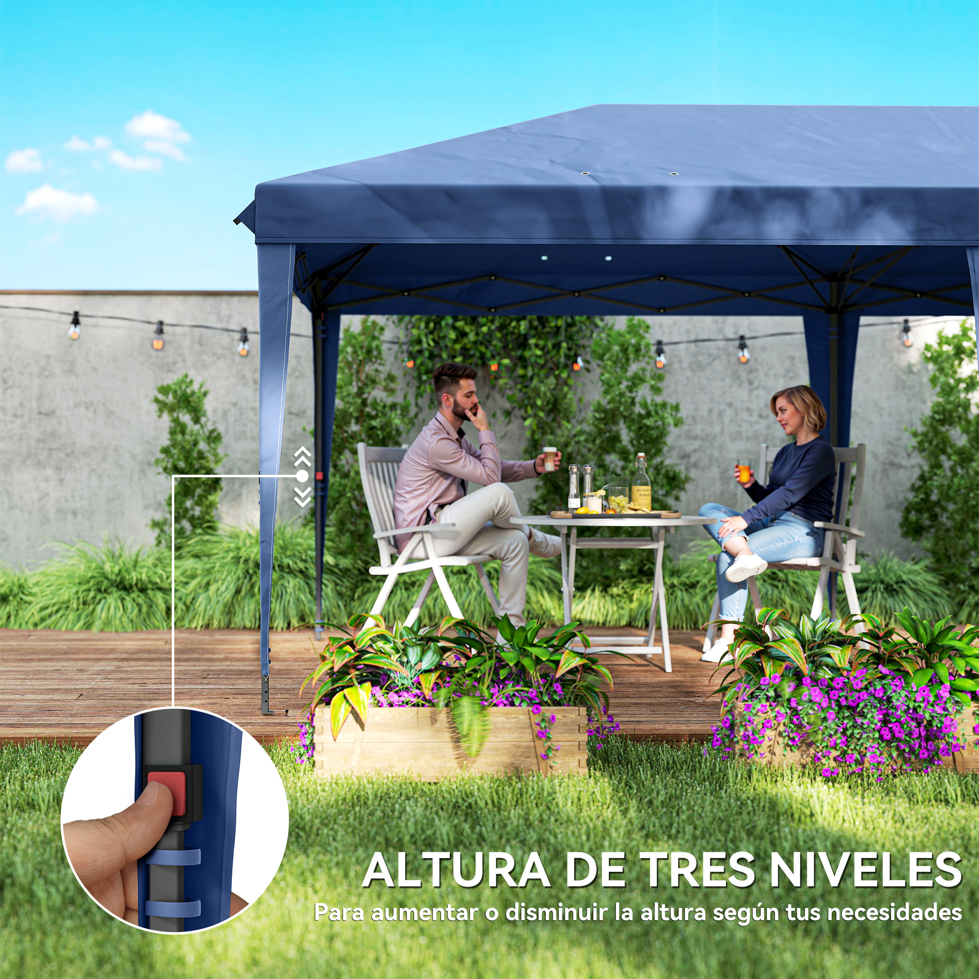 Una pareja se relaja bajo un toldo azul al aire libre. Un hombre y una mujer sentados.