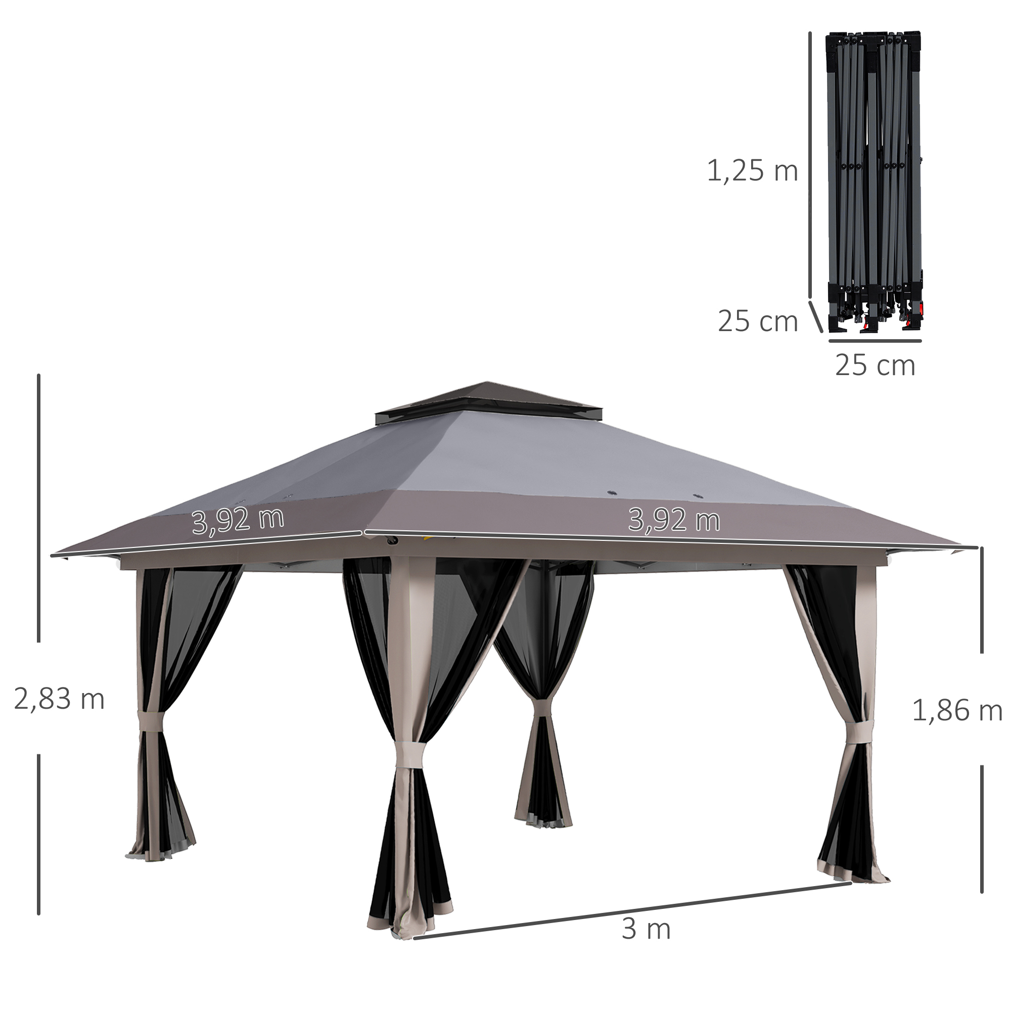 Un cenador con cortinas grises y beige, con dimensiones indicadas.