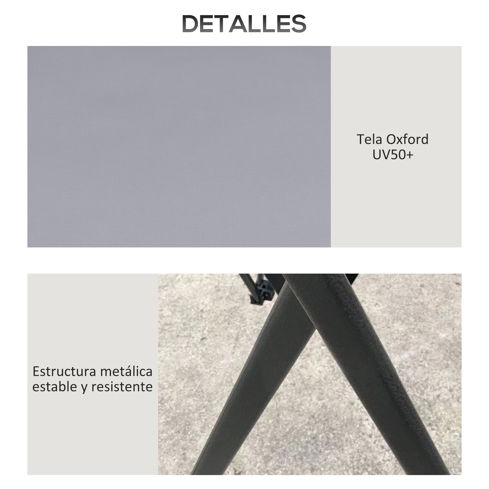 Tela Oxford gris UV50+ y estructura metálica negra.