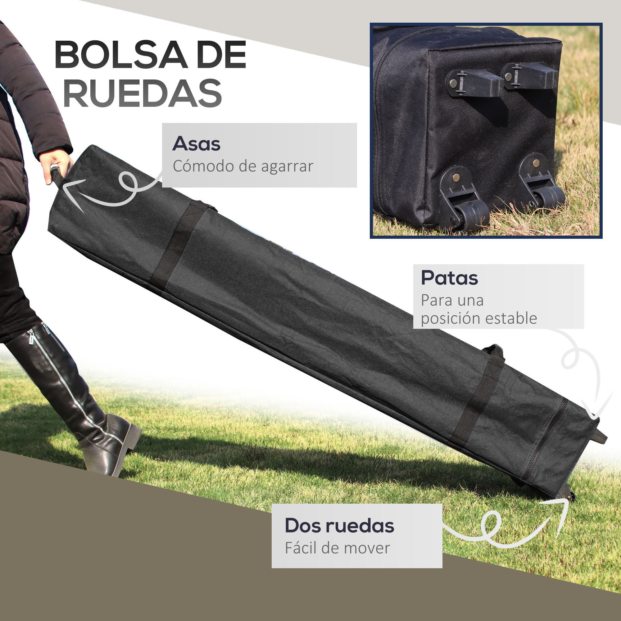 Bolsa negra con ruedas y asas, sobre césped.