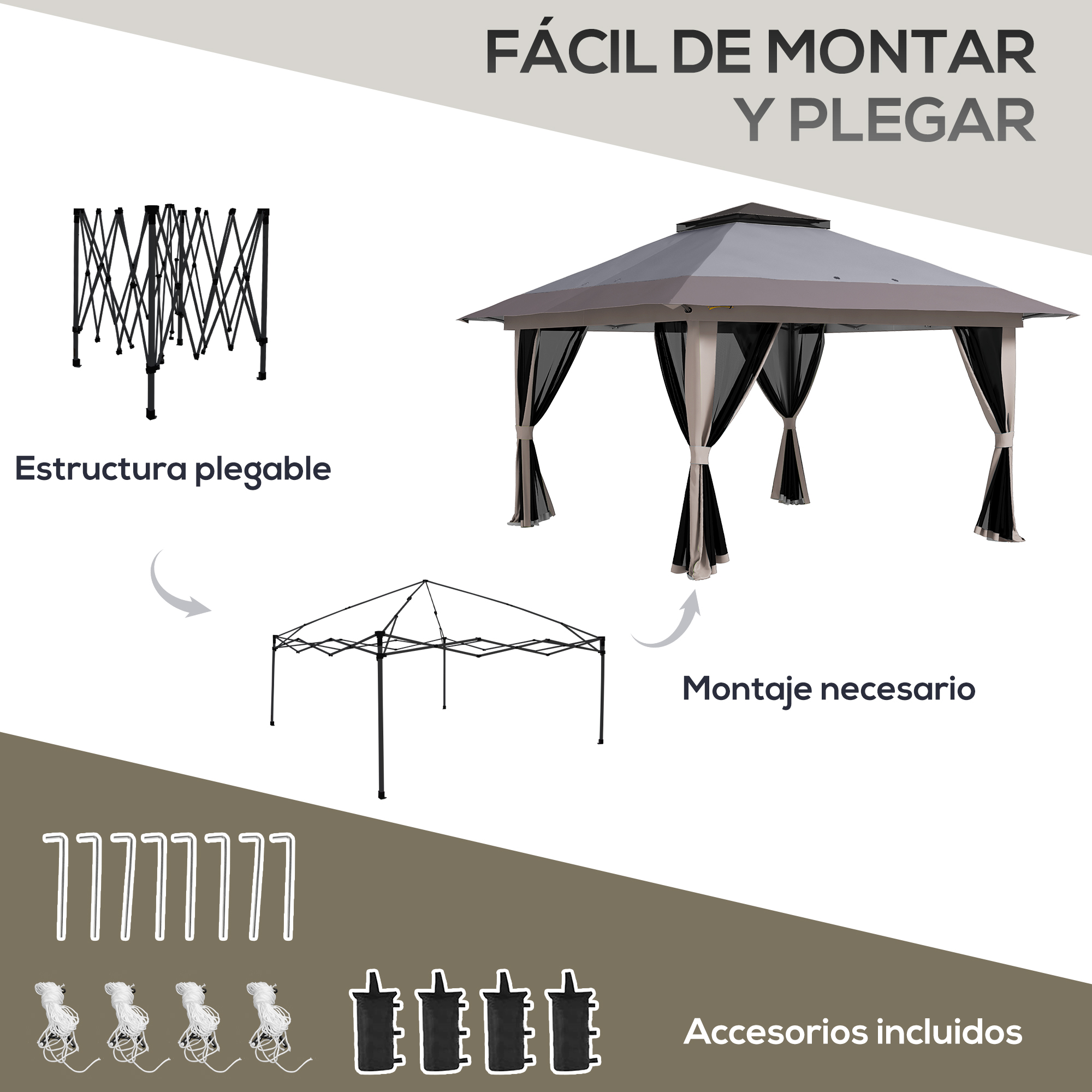 Se muestra un gazebo plegable con accesorios. Hay un dosel erguido y una estructura plegada.