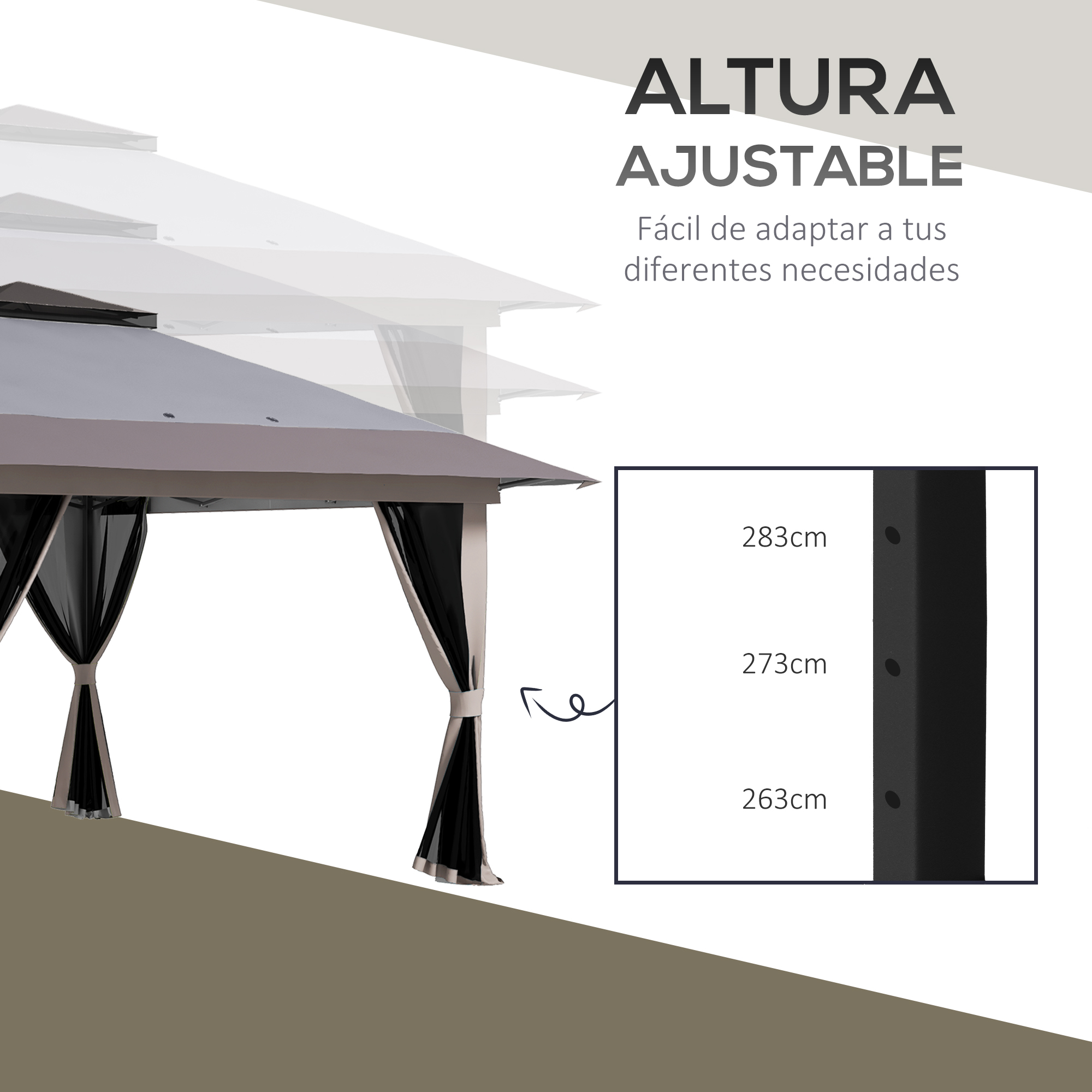 Pabellón ajustable con cortinas negras y medidas de altura.
