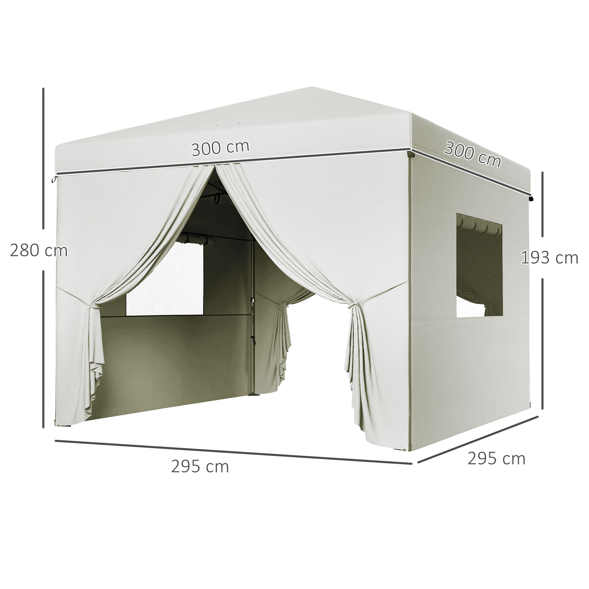 Un cenador beige claro con dimensiones, puertas y ventanas.