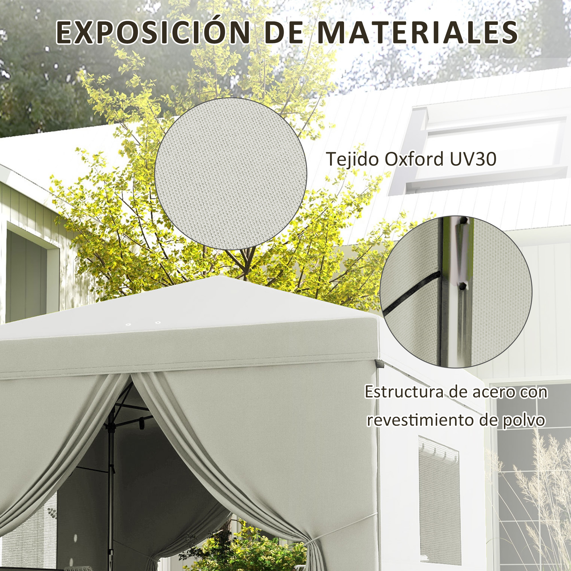 Una carpa gris claro con estructura de acero y detalles de tela. Primeros planos muestran tela y marco.