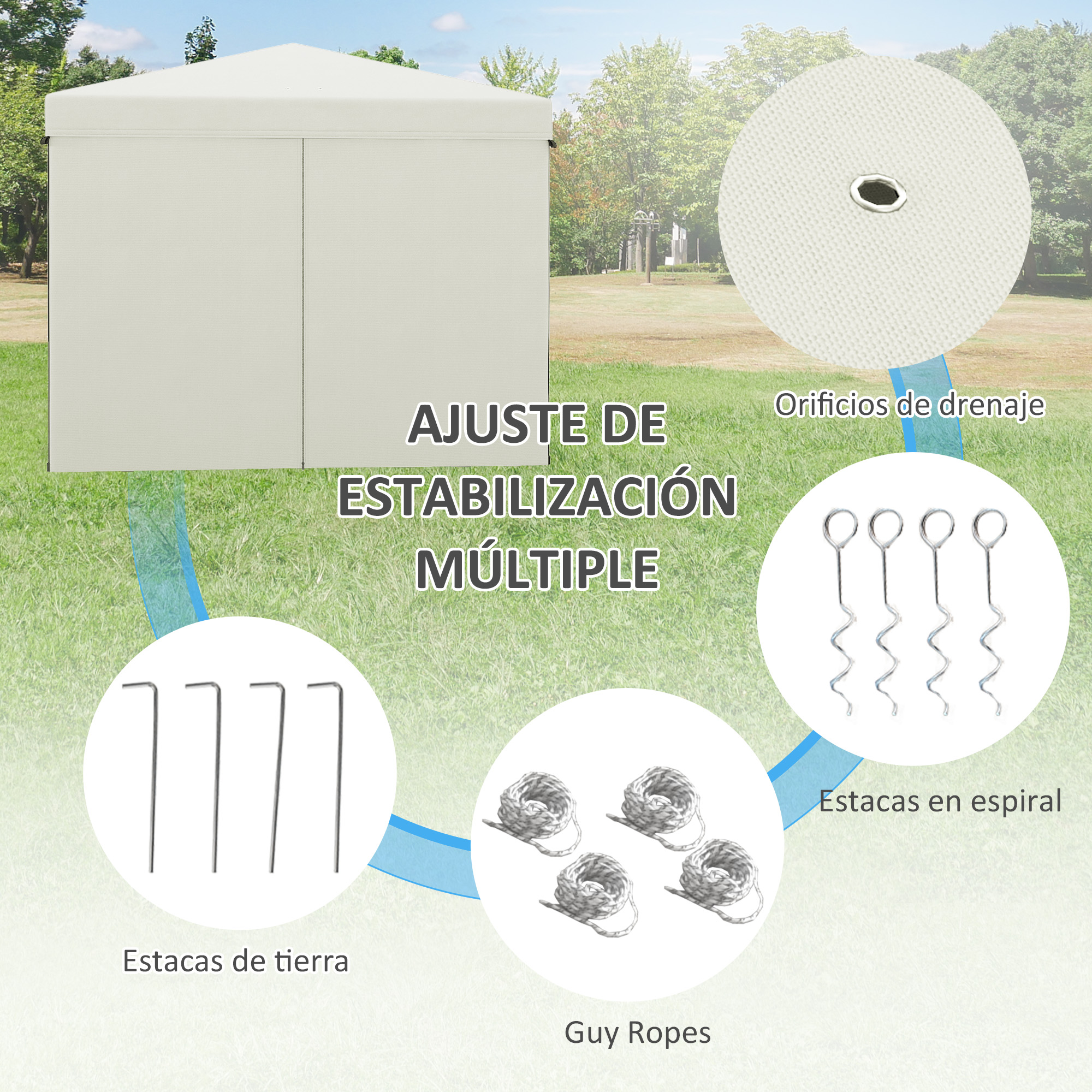 Una carpa beige con accesorios: estacas de tierra, estacas espirales, cuerdas y orificios.