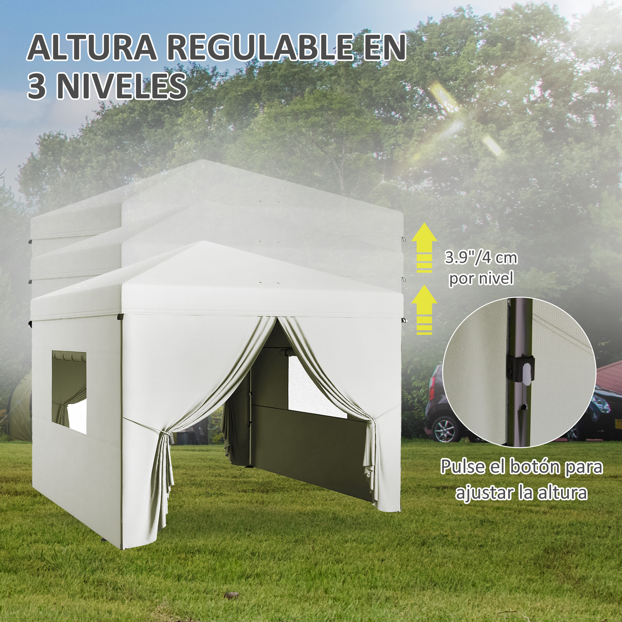 Una carpa beige claro con altura ajustable sobre césped verde.
