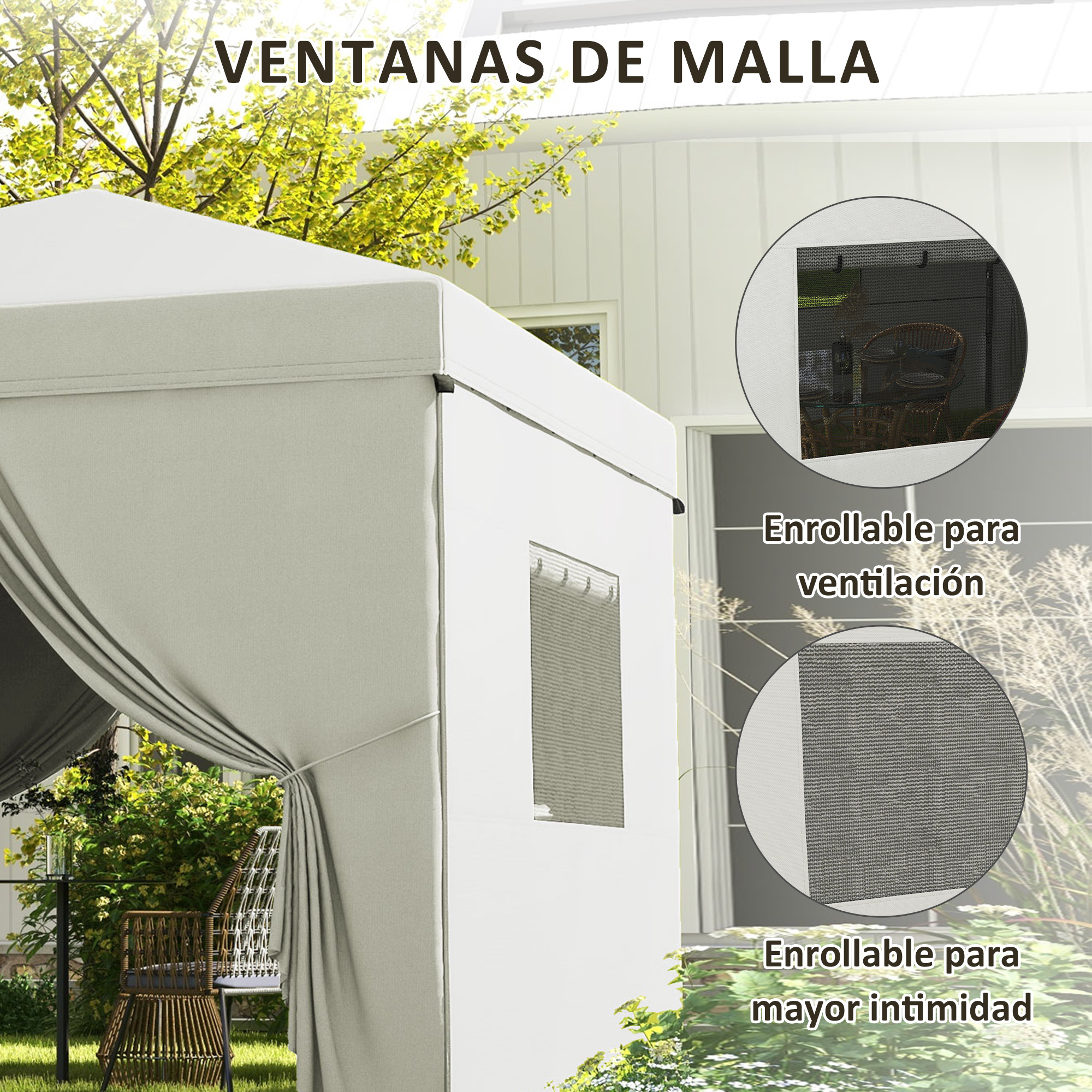 Una carpa blanca con ventanas de malla y cortinas al aire libre.