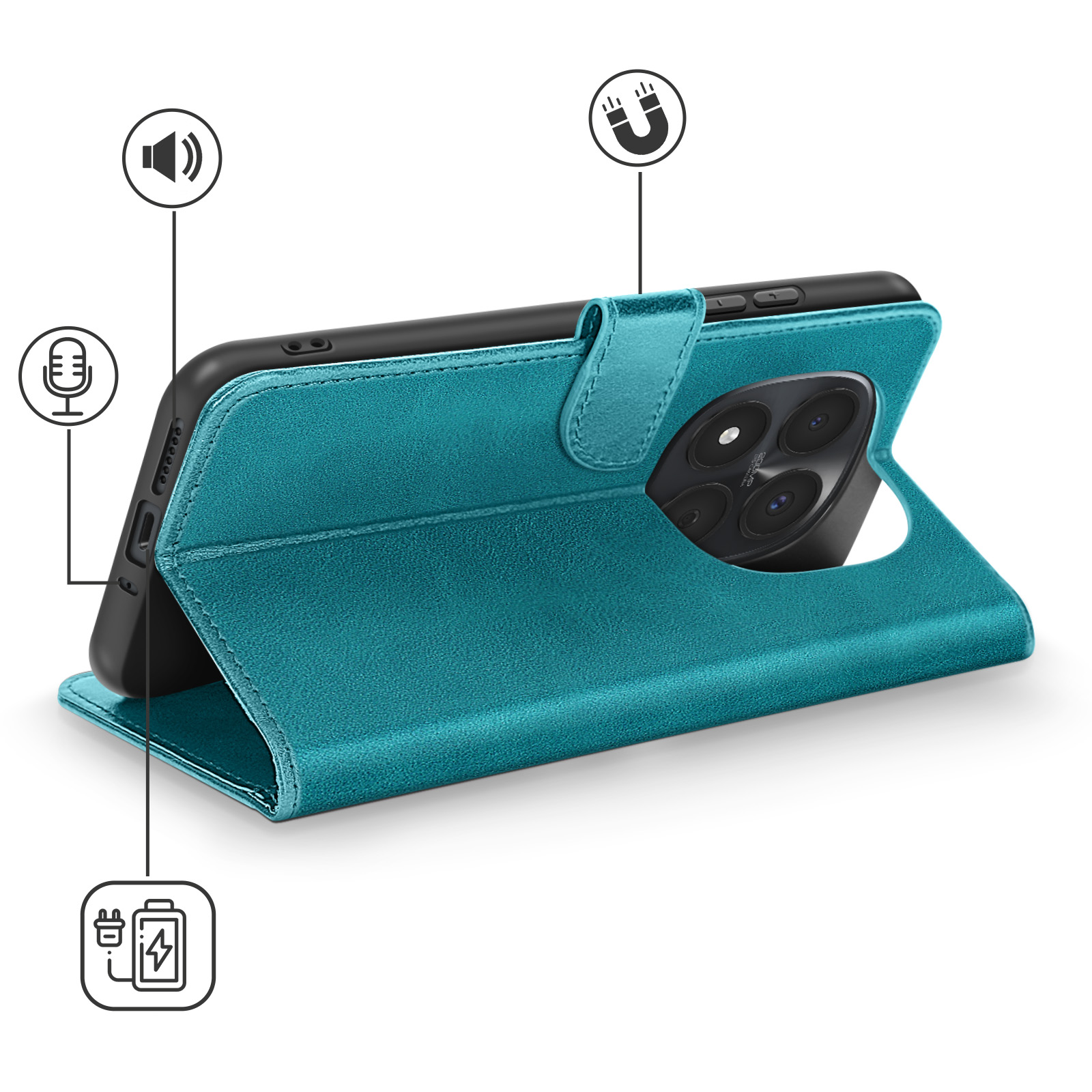 Türkisfarbene Handyhülle im aufgeklappten Zustand, mit Symbolen für Ton, Mikrofon, Magnet und Aufladung.