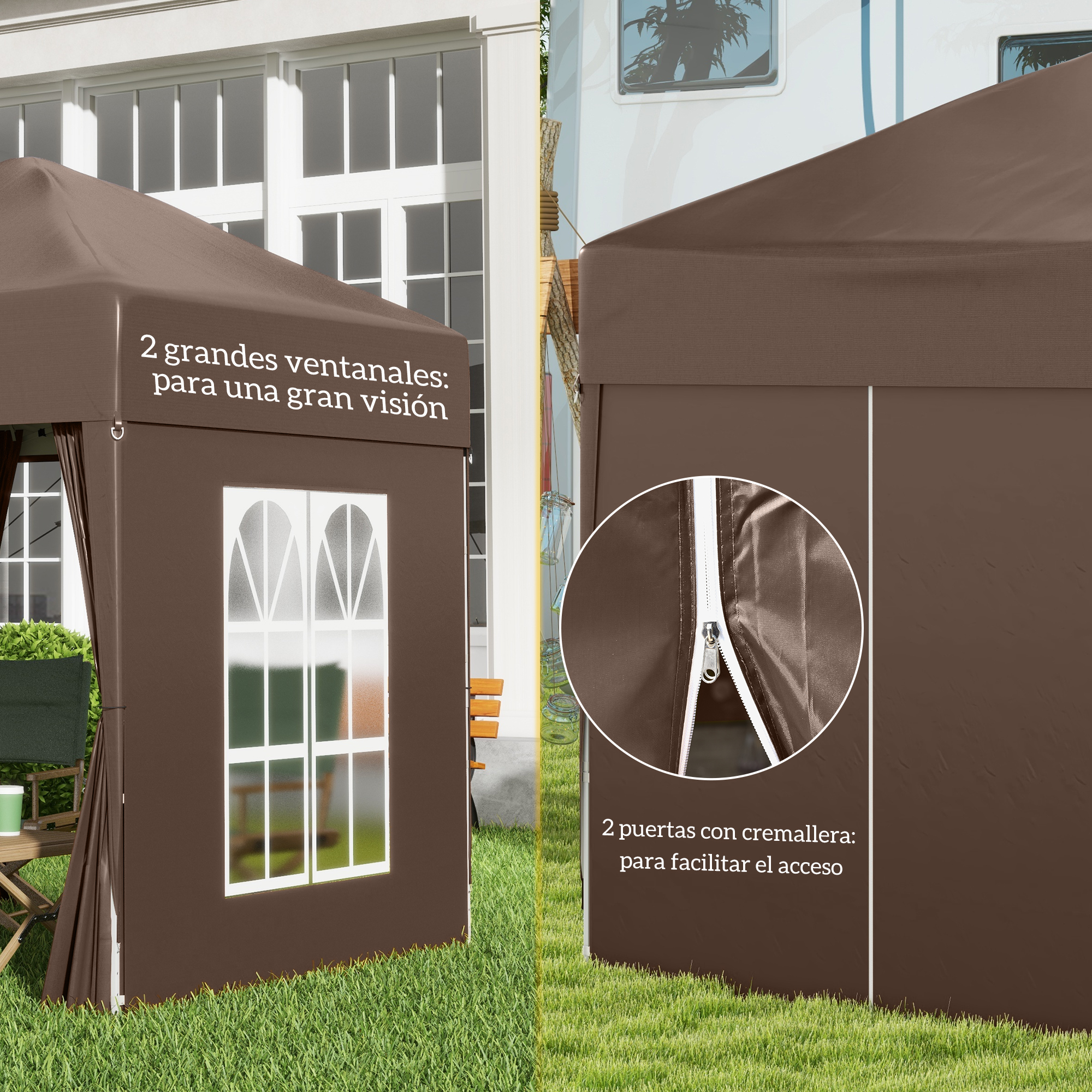 Carpa marrón con ventanas y puertas con cremallera sobre césped.