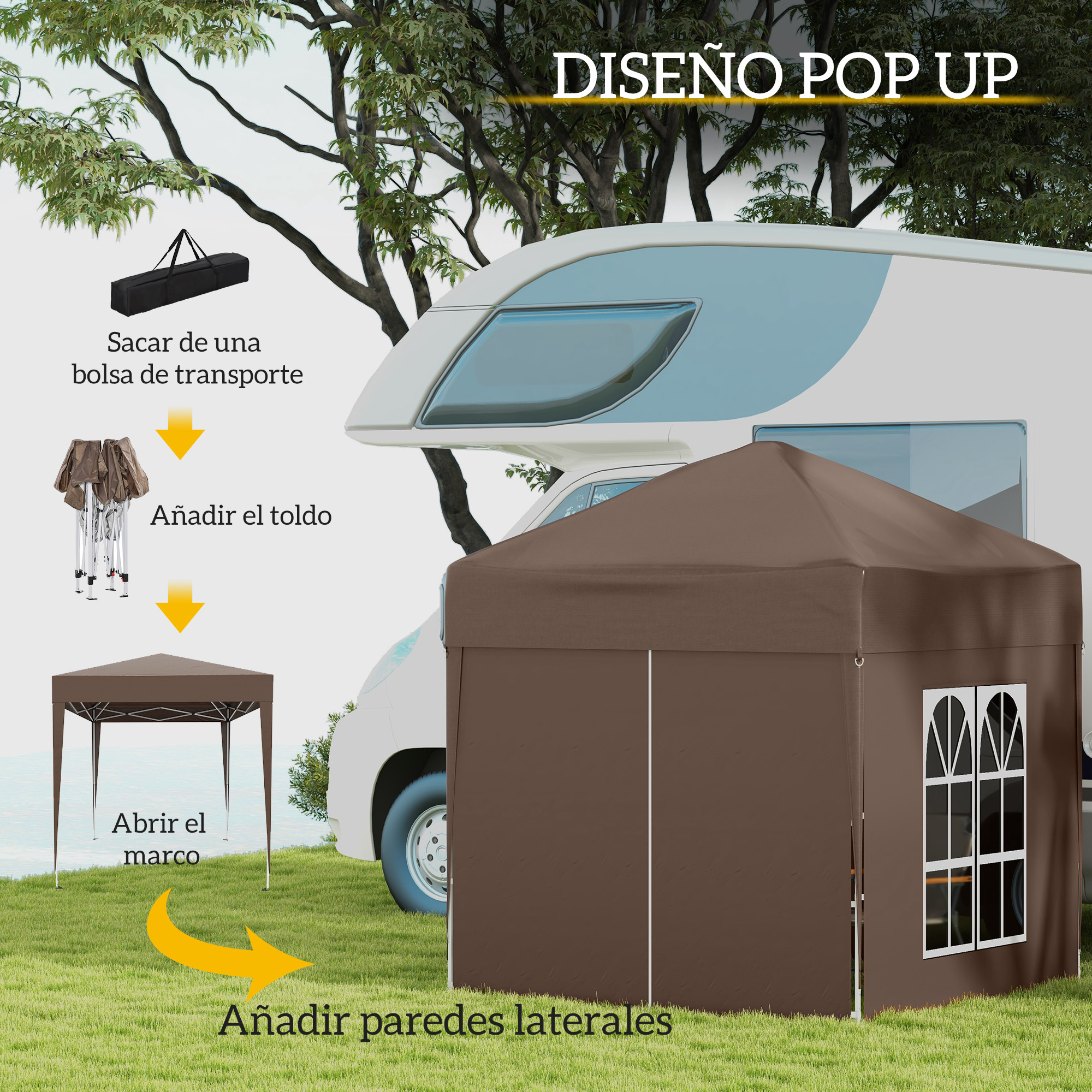 Pasos de montaje de carpa marrón plegable: sacar de bolsa, añadir toldo, abrir marco, añadir paredes laterales.
