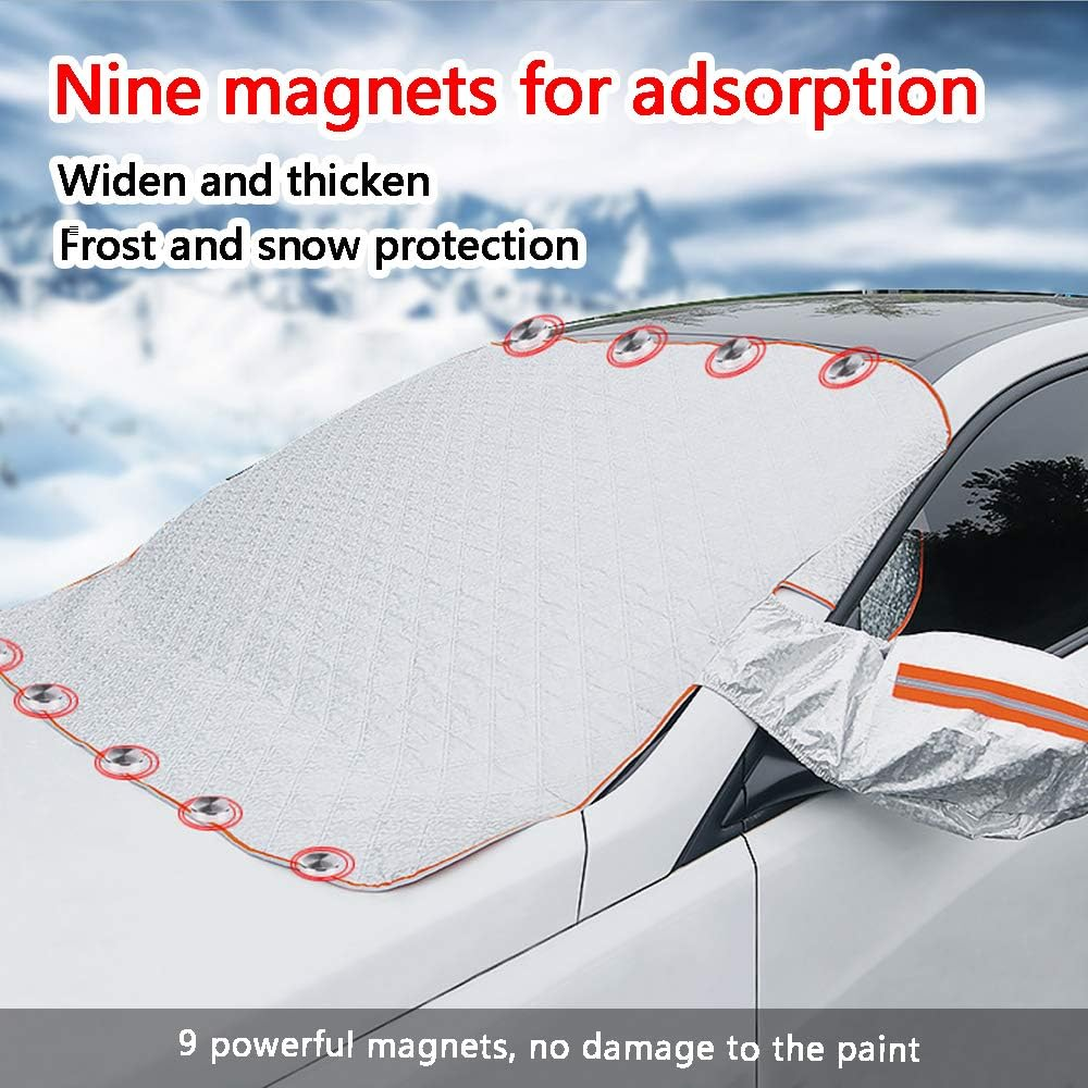 Weiße Auto-Windschutzscheibenabdeckung mit 9 Magneten im Schnee.