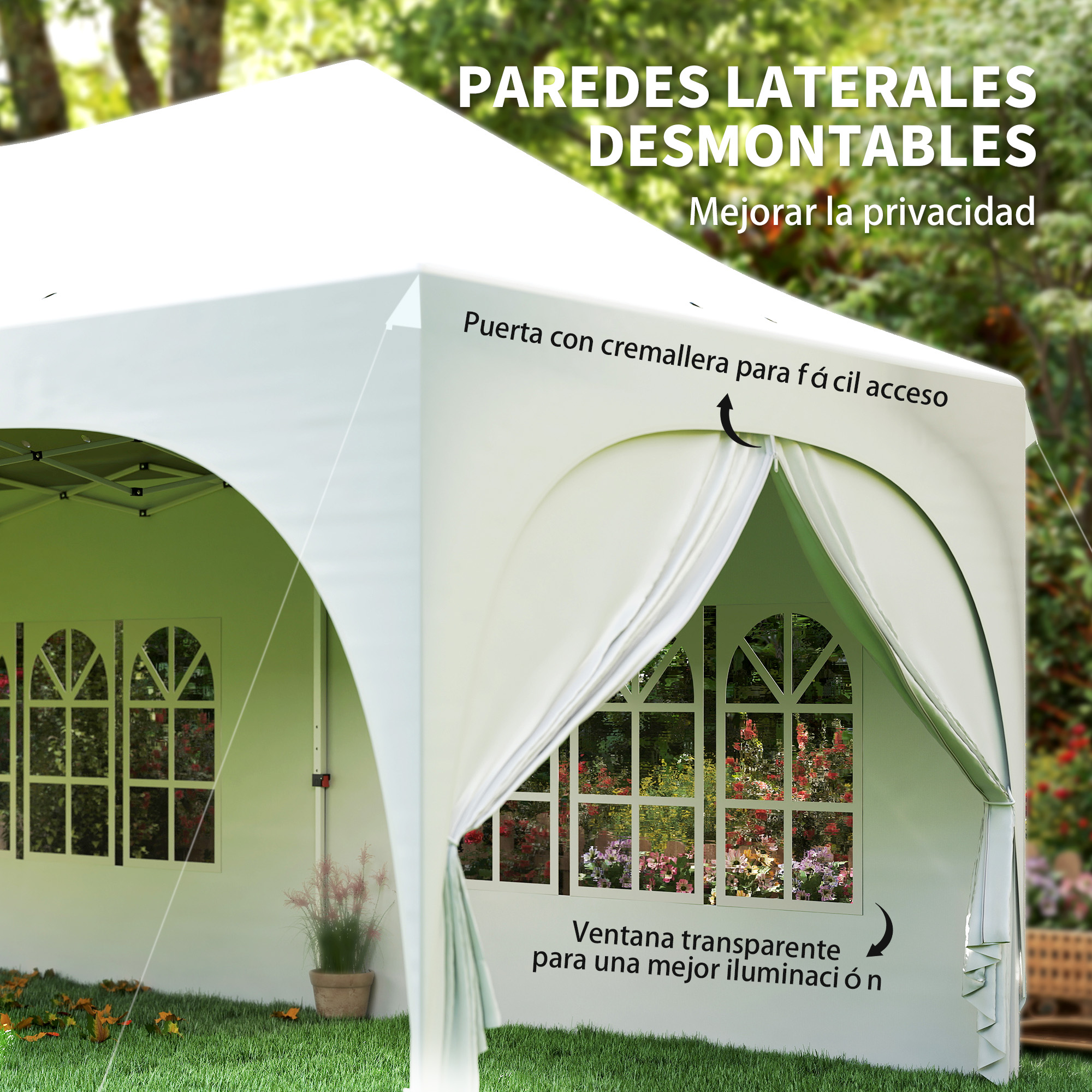 Una carpa blanca con ventanas y puerta al aire libre, rodeada de árboles.