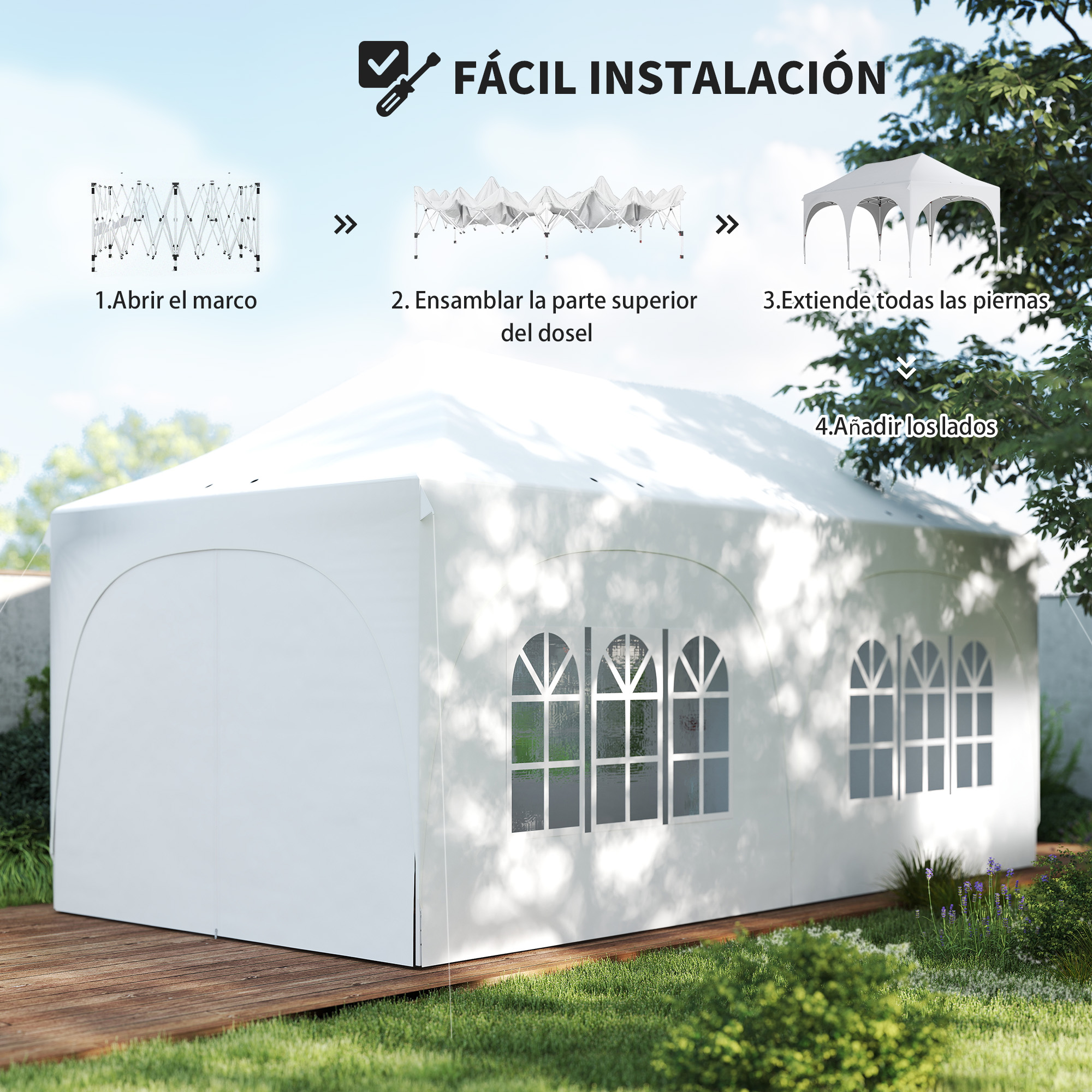 Instrucciones para montar un gazebo blanco con ventanas al aire libre.