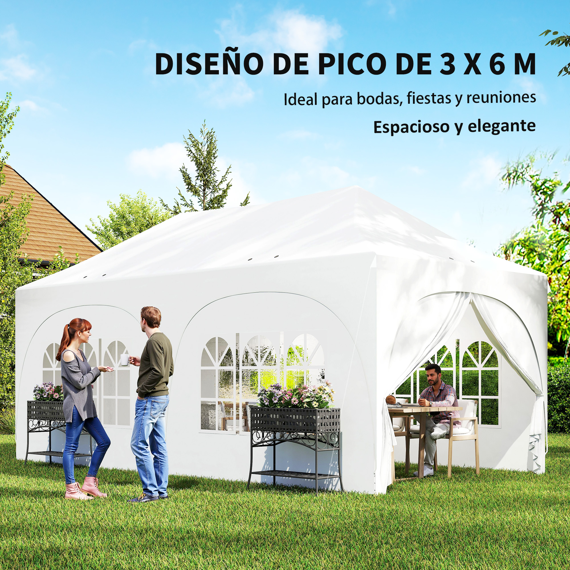 Una carpa blanca exterior con ventanas y un hombre sentado a una mesa.