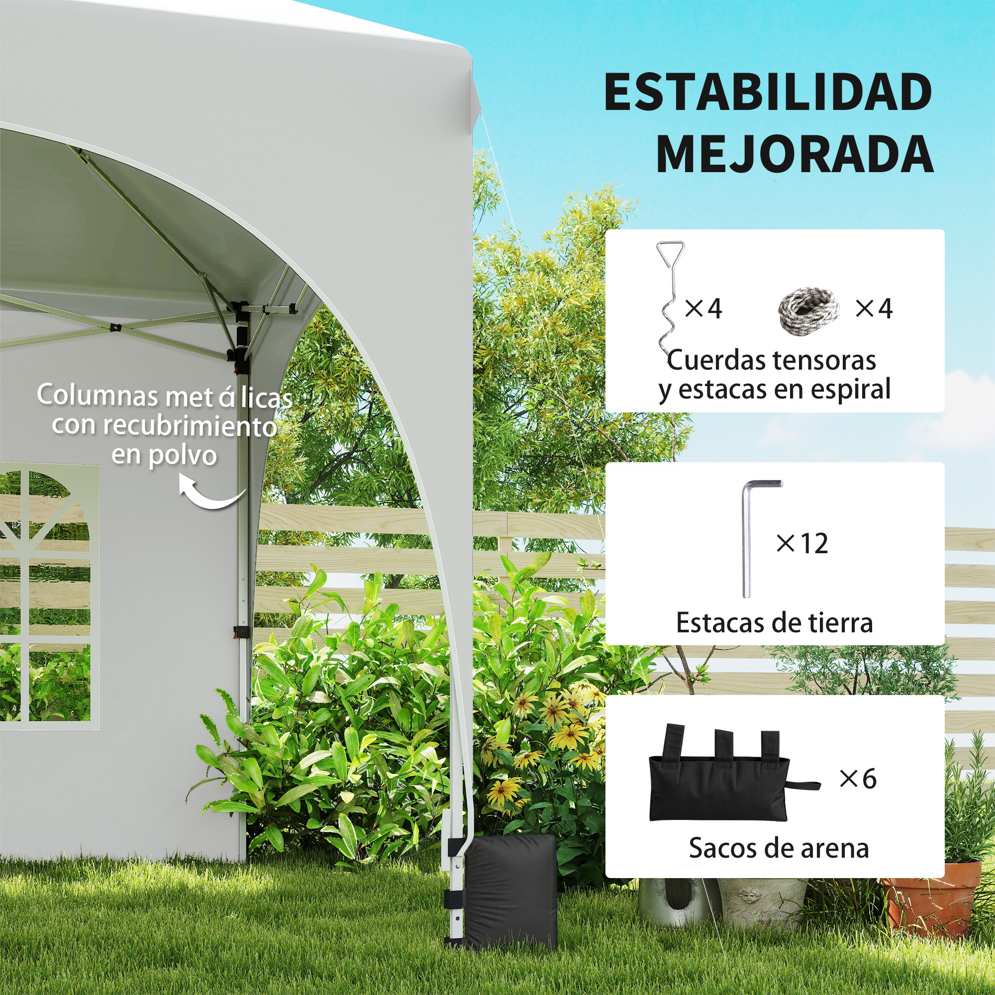 Una carpa blanca con patas metálicas, estacas, cuerdas y sacos de arena.