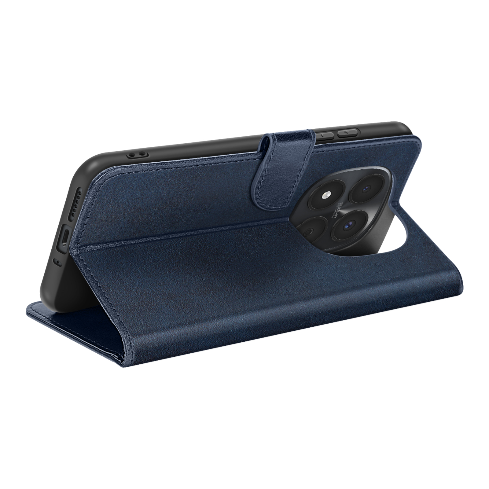 Custodia per telefono blu scuro stile libro che protegge uno smartphone.