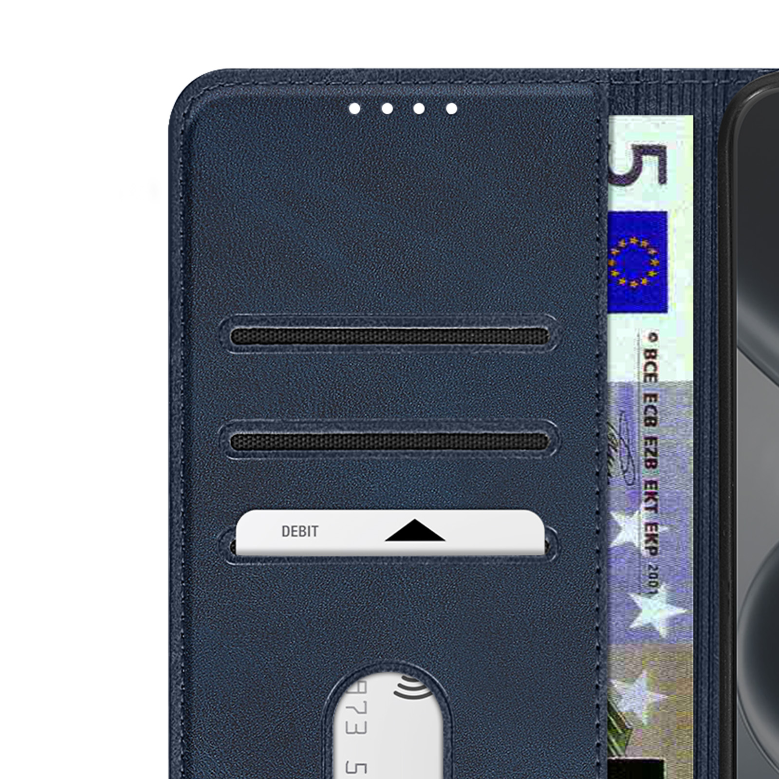 Custodia blu scuro per telefono con slot per carte e banconota da 5 euro.