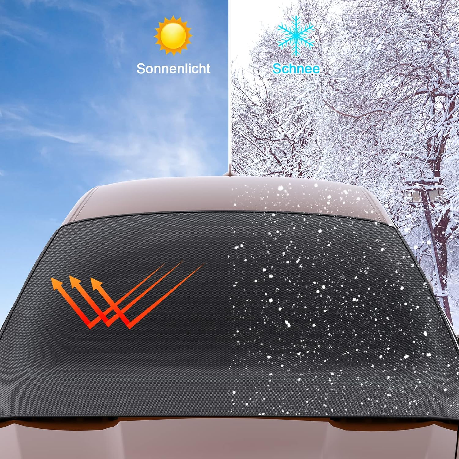 Auto-Windschutzscheibenabdeckung zeigt Sonne und Schnee-Symbole.
