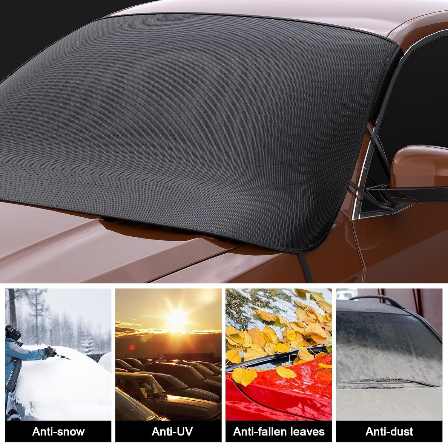 Auto-Windschutzscheibenabdeckung mit vier Szenarien: Schnee, Sonne, Blätter, Staub.