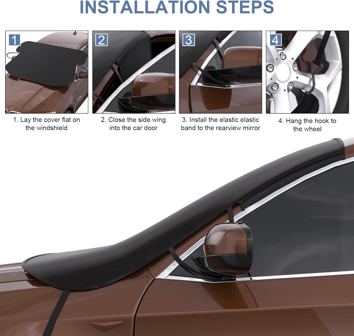 Schritt-für-Schritt-Anleitung zur Installation einer Auto-Windschutzscheibenabdeckung.